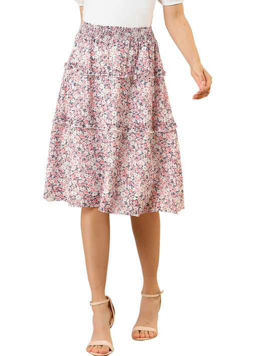 Women's Floral Skirts Spring Smocked Elastic Waist A-Line Below Knee Length Ruffle Tiered Skirt (Available in Plus Size)