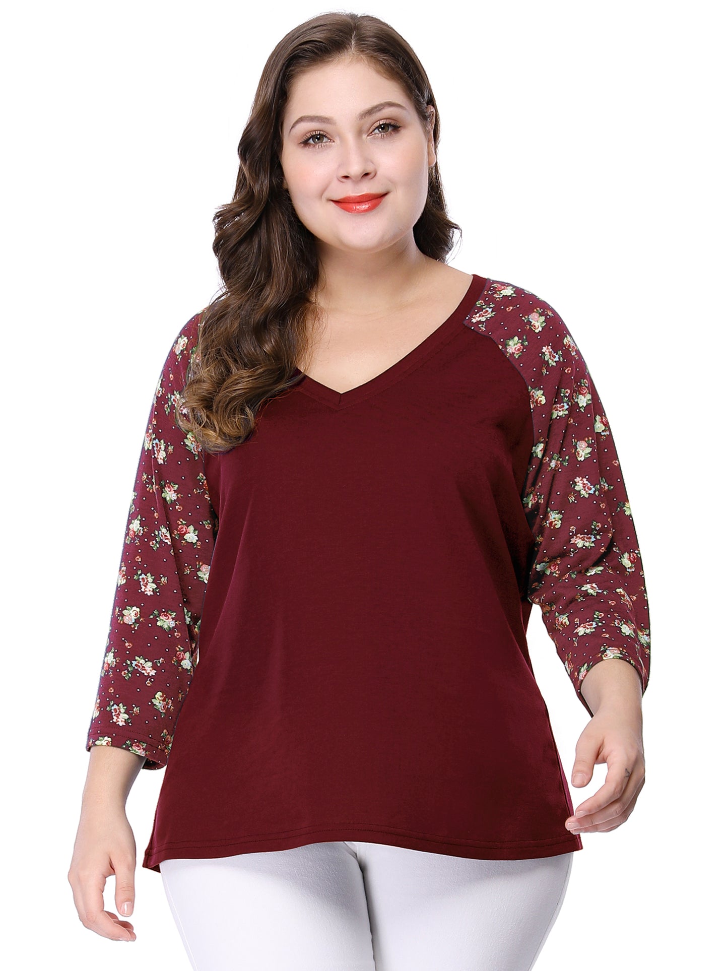 Women's Plus Size Top Casual V Neck 3/4 Sleeve Floral Raglan Top T-Shirt
