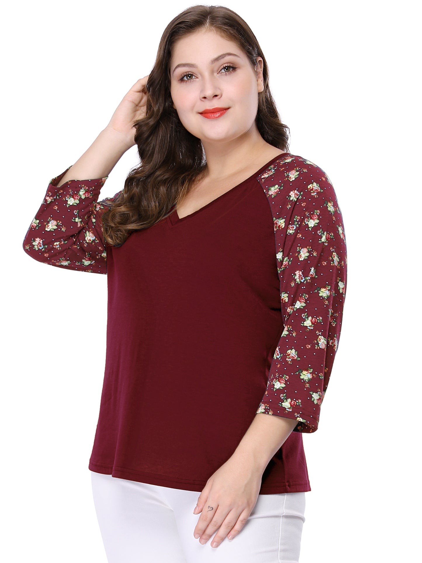 Women's Plus Size Top Casual V Neck 3/4 Sleeve Floral Raglan Top T-Shirt