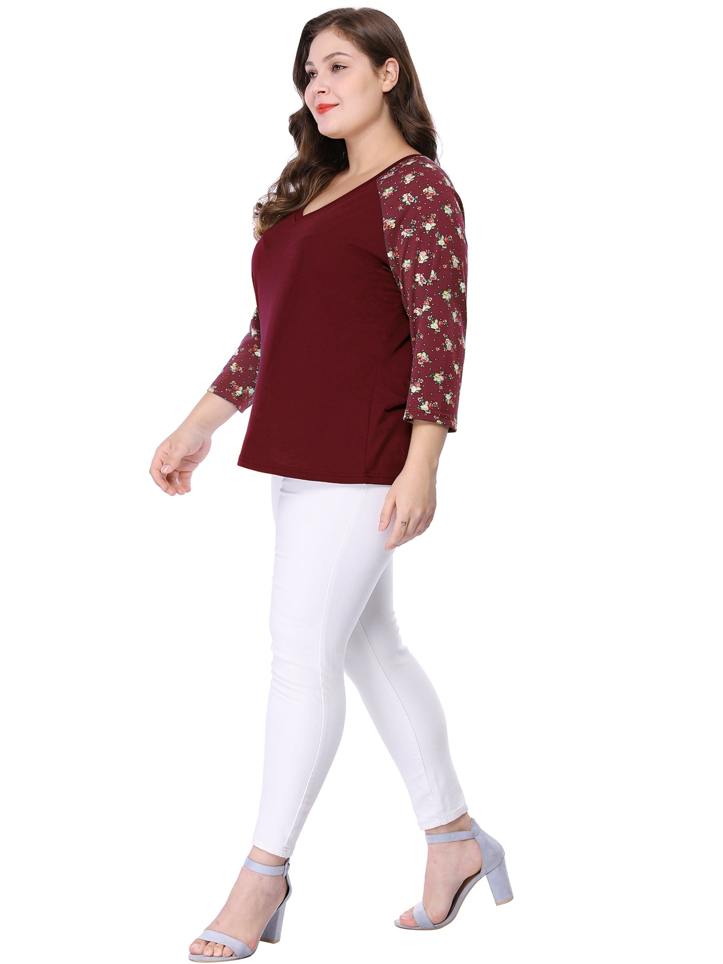 Women's Plus Size Top Casual V Neck 3/4 Sleeve Floral Raglan Top T-Shirt