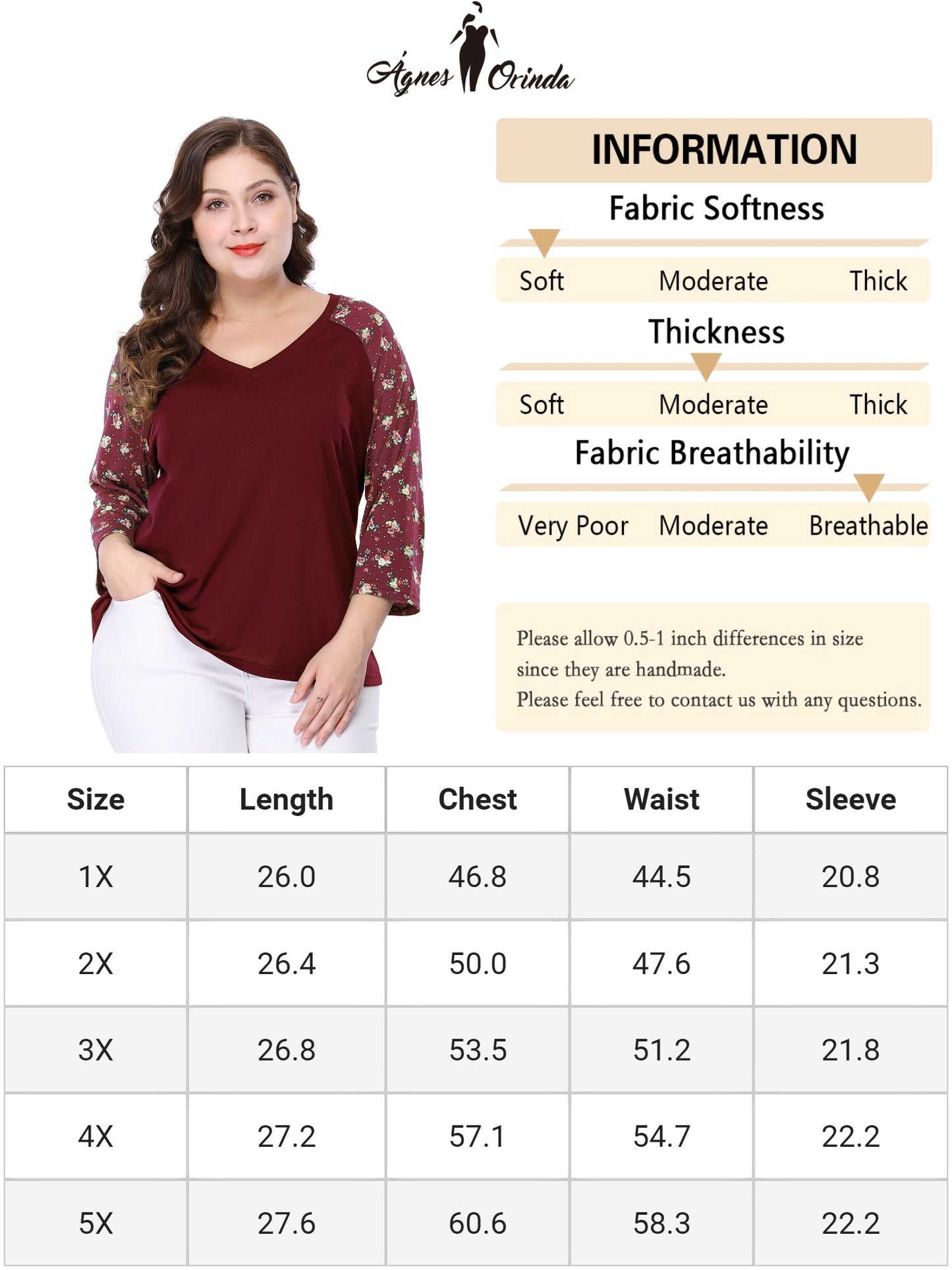 Women's Plus Size Top Casual V Neck 3/4 Sleeve Floral Raglan Top T-Shirt