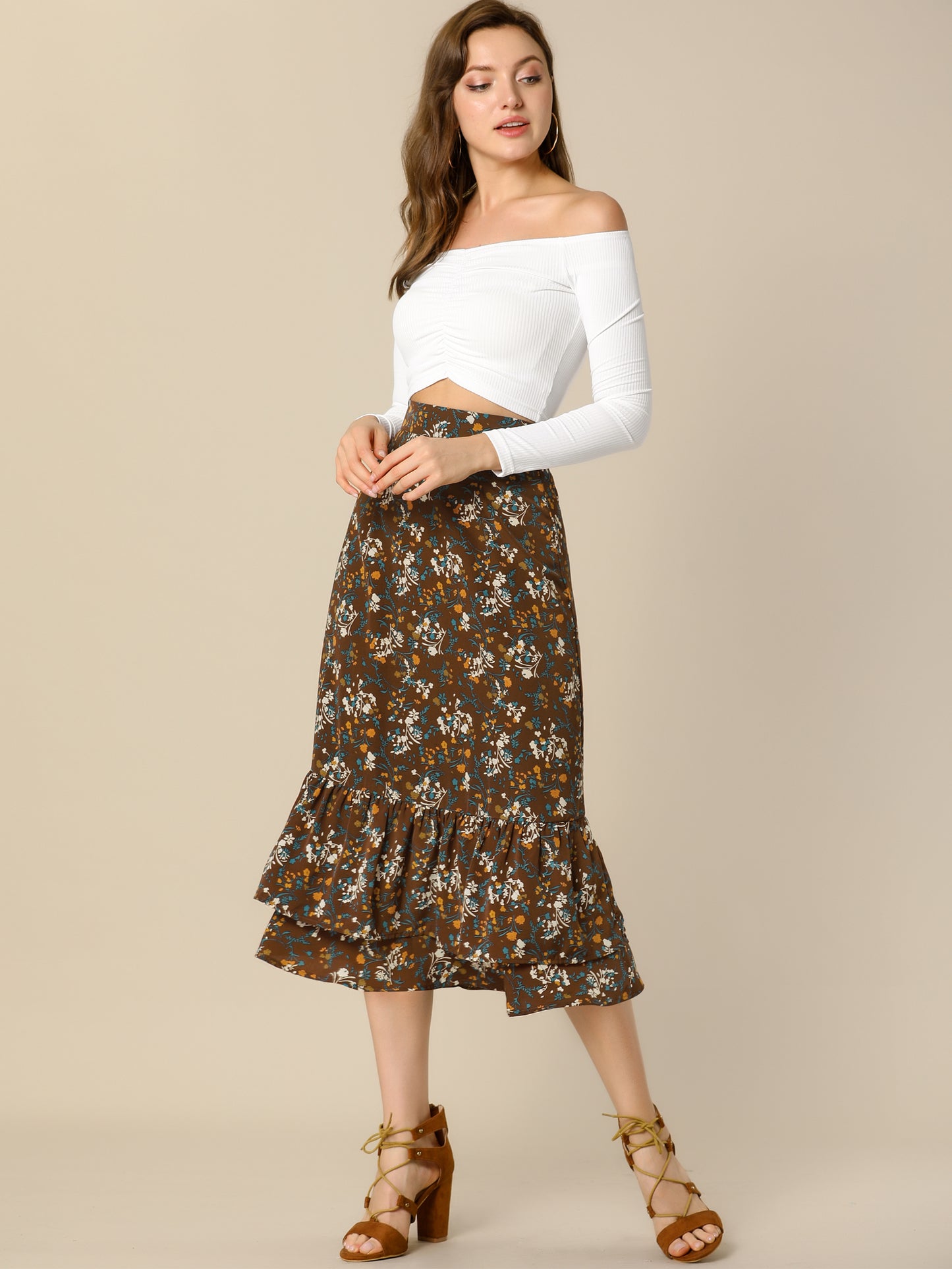 Women's Printed Skirt Summer Chiffon Ruffle Tiered Flowy Midi Skirt