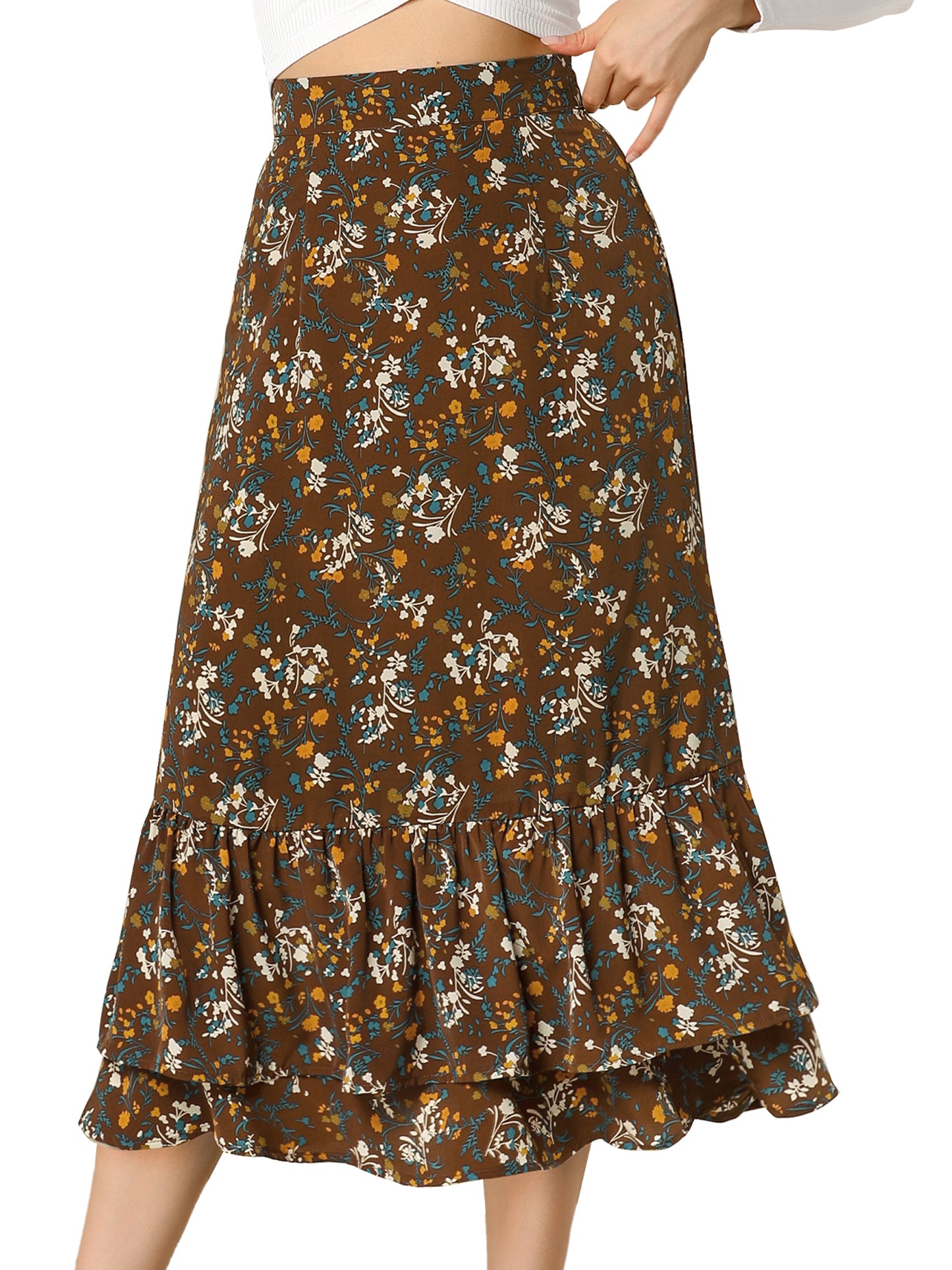 Women's Printed Skirt Summer Chiffon Ruffle Tiered Flowy Midi Skirt