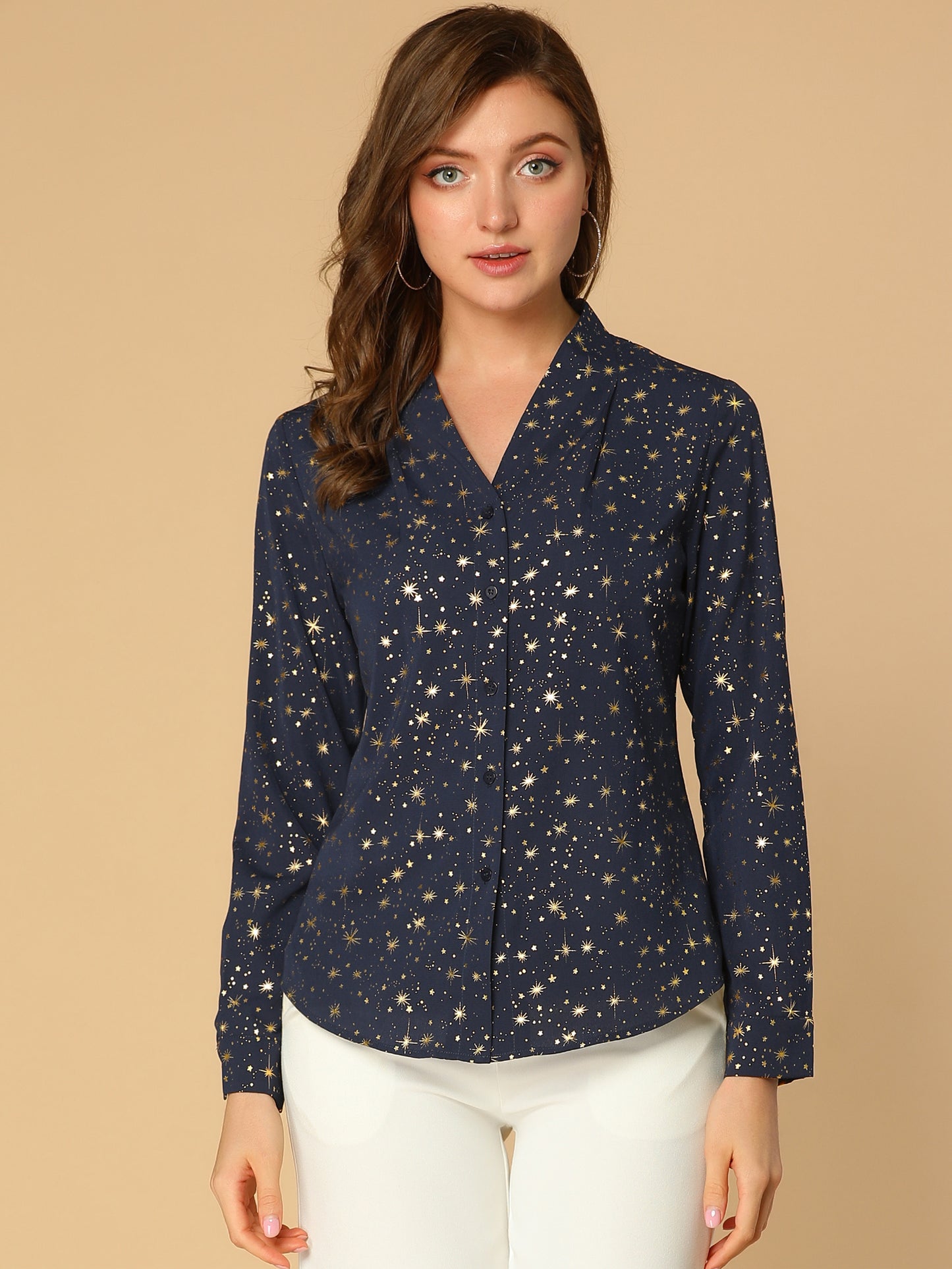 Women's Metallic Patterned V Neck Long Sleeve Gilding Sparkly Shirt (Available in Plus Size)