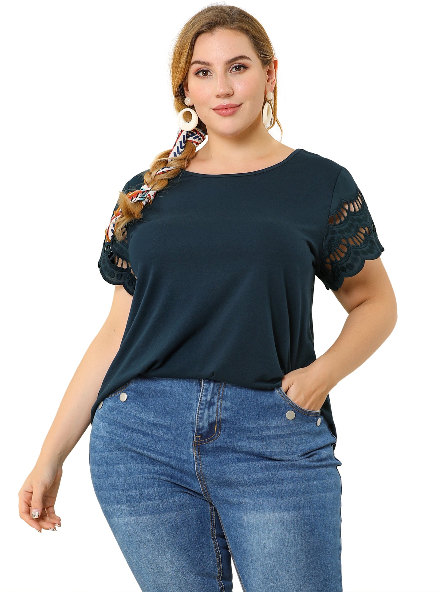 Women's Plus Size Top Round Neck Lace Panel Hollow Short Sleeve Elegant Summer Blouse