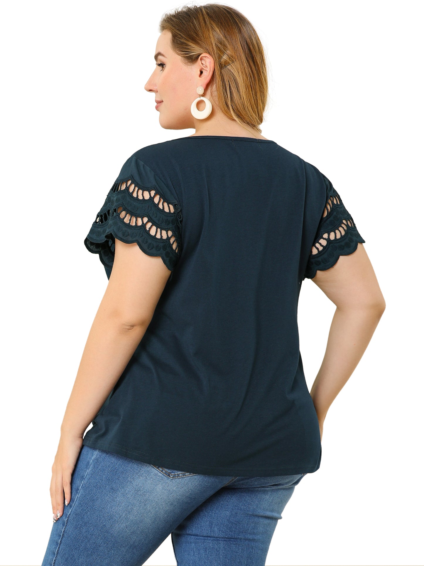 Women's Plus Size Top Round Neck Lace Panel Hollow Short Sleeve Elegant Summer Blouse