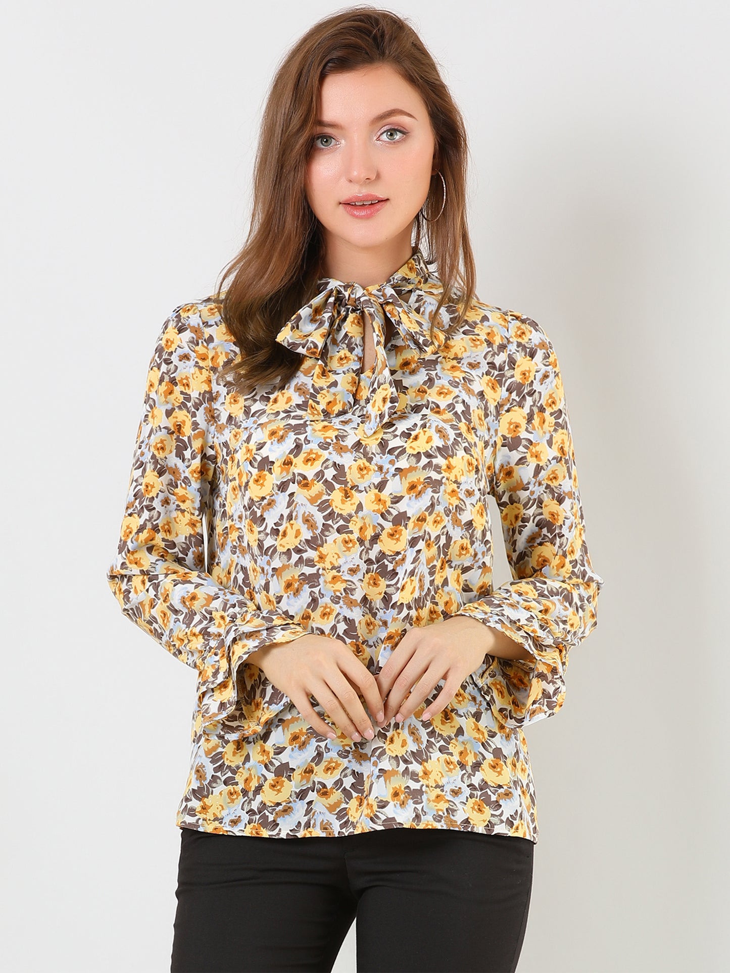 Blusa de gasa con volantes y cuello con lazo floral de manga larga para mujer