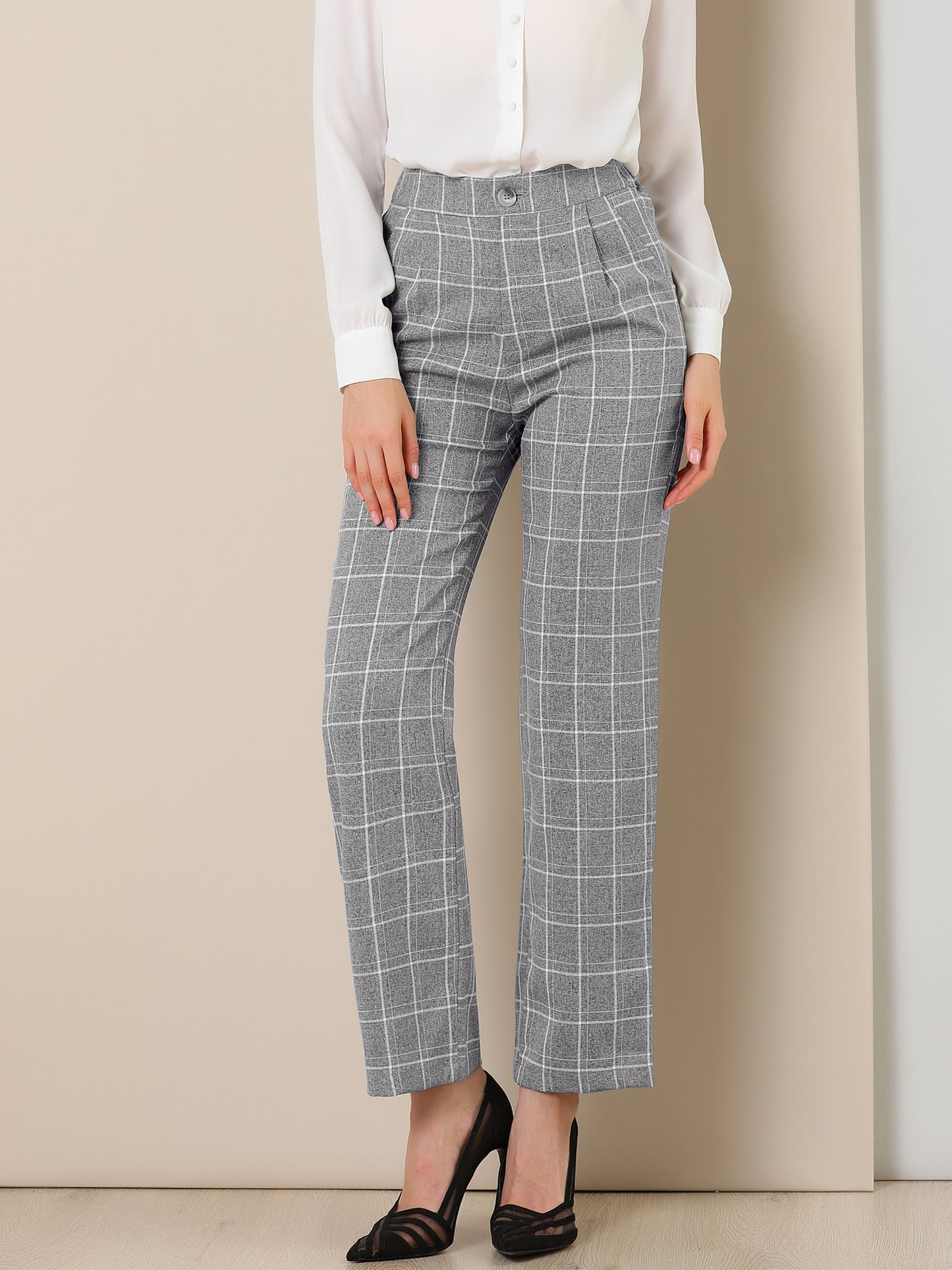 Pantalones a cuadros para mujer, cintura elástica, informales, para trabajo y oficina