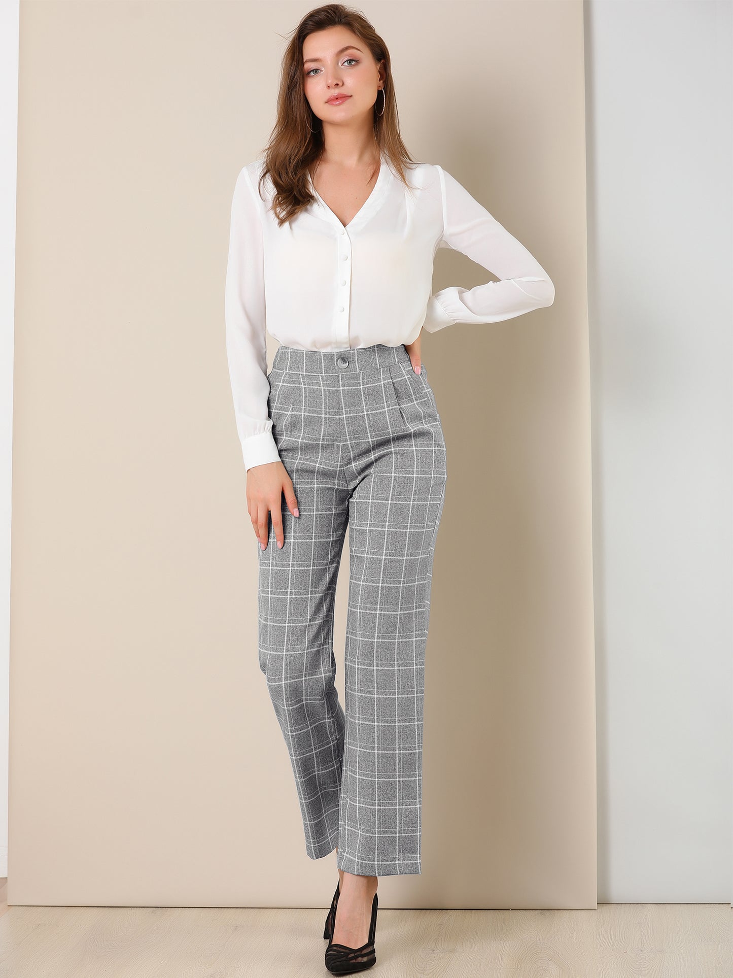 Pantalones a cuadros para mujer, cintura elástica, informales, para trabajo y oficina