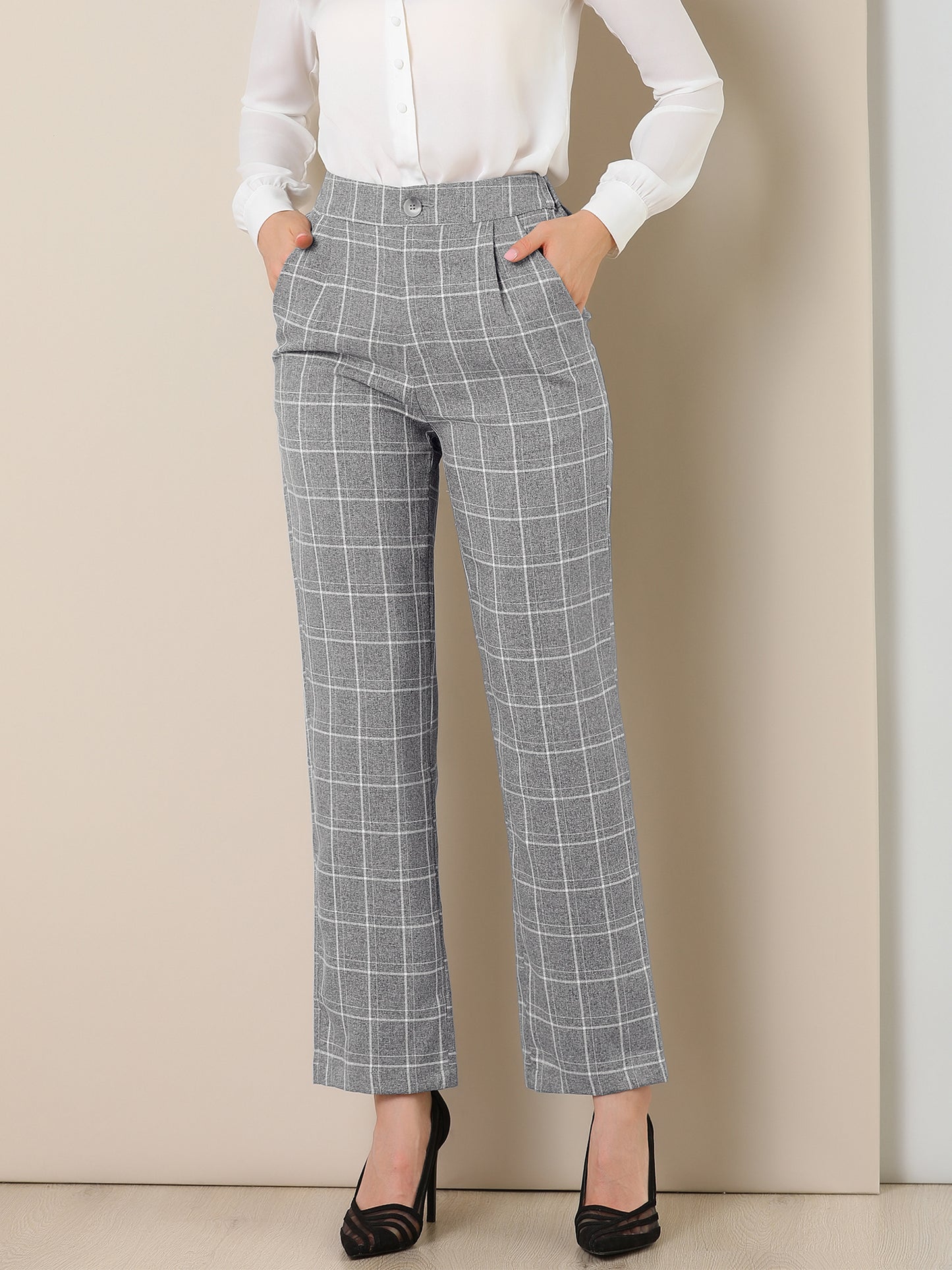 Pantalones a cuadros para mujer, cintura elástica, informales, para trabajo y oficina
