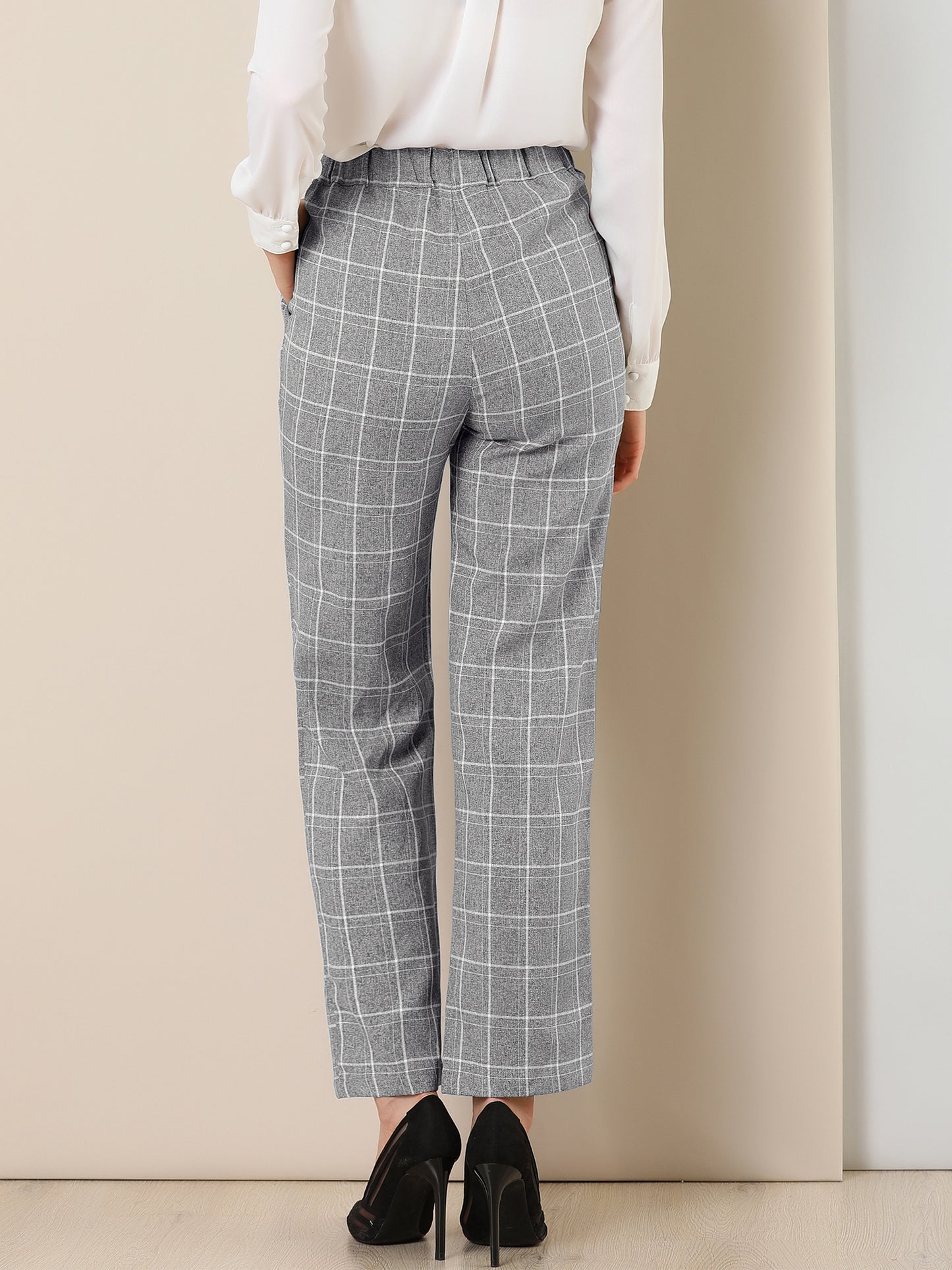Pantalones a cuadros para mujer, cintura elástica, informales, para trabajo y oficina