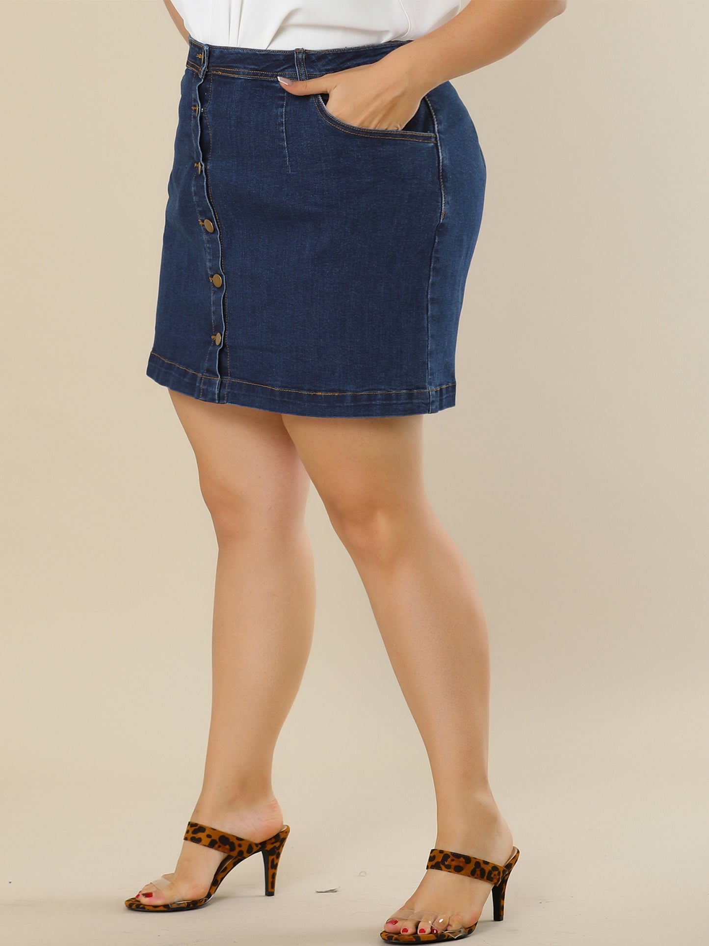 Women's Plus Size Denim Skirts Mini Button Side Pocket A Line Casual Summer Jean Skirt