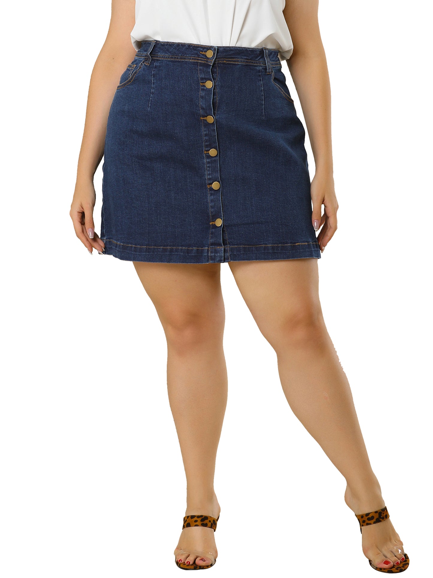Women's Plus Size Denim Skirts Mini Button Side Pocket A Line Casual Summer Jean Skirt