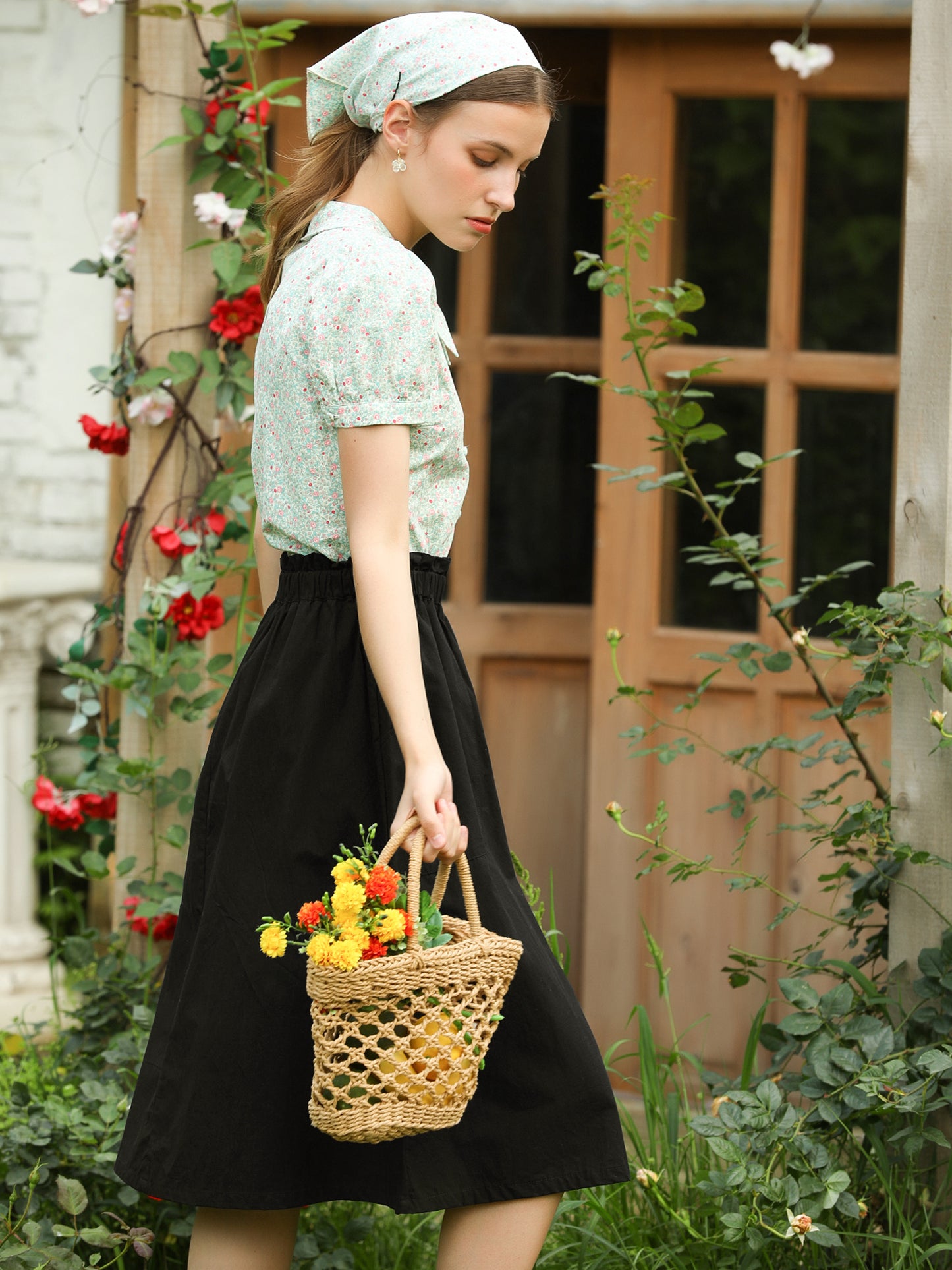 Women's Casual Cotton Skirt Elastic Waist Scrub Peasant A-Line Midi Skirts with Pockets (Available in Plus Size)