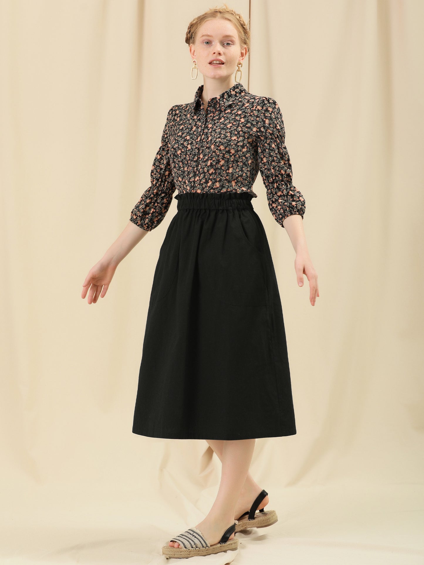 Women's Casual Cotton Skirt Elastic Waist Scrub Peasant A-Line Midi Skirts with Pockets (Available in Plus Size)