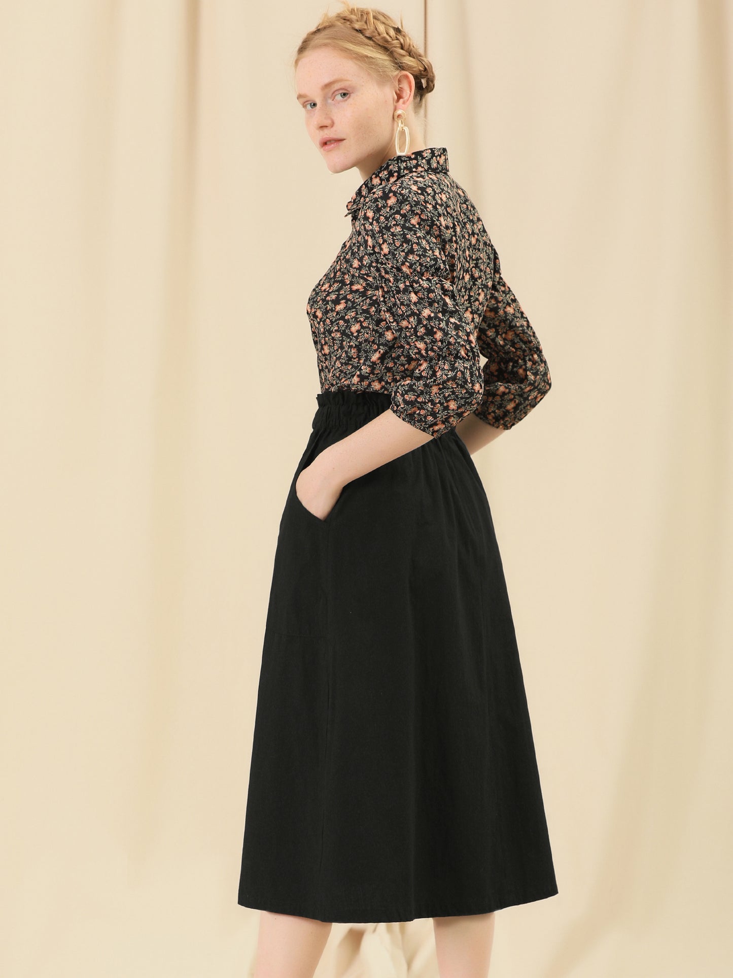 Women's Casual Cotton Skirt Elastic Waist Scrub Peasant A-Line Midi Skirts with Pockets (Available in Plus Size)