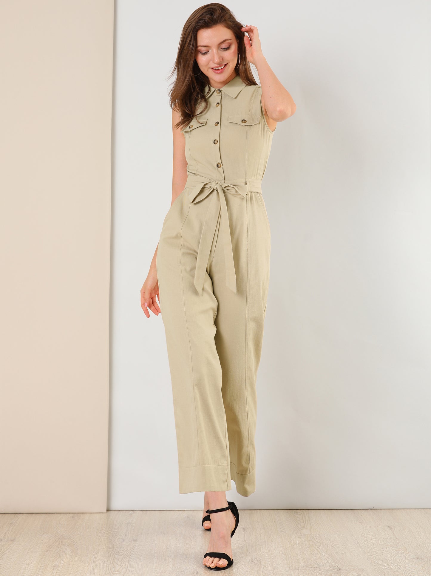Women's Wide Leg Jumpsuit Sleeveless Collared Tie Waist Coverall Button Down Cargo Jumpsuits