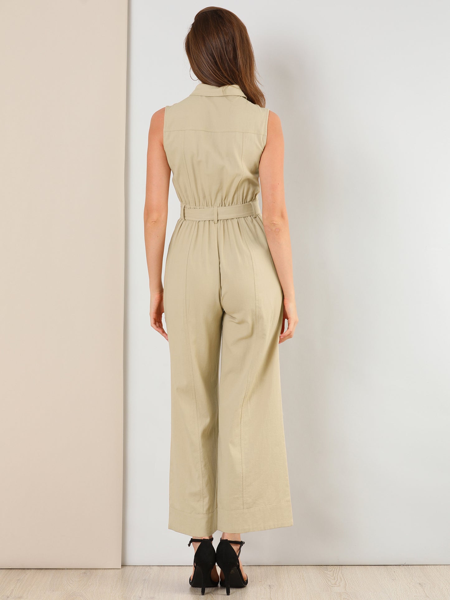Women's Wide Leg Jumpsuit Sleeveless Collared Tie Waist Coverall Button Down Cargo Jumpsuits