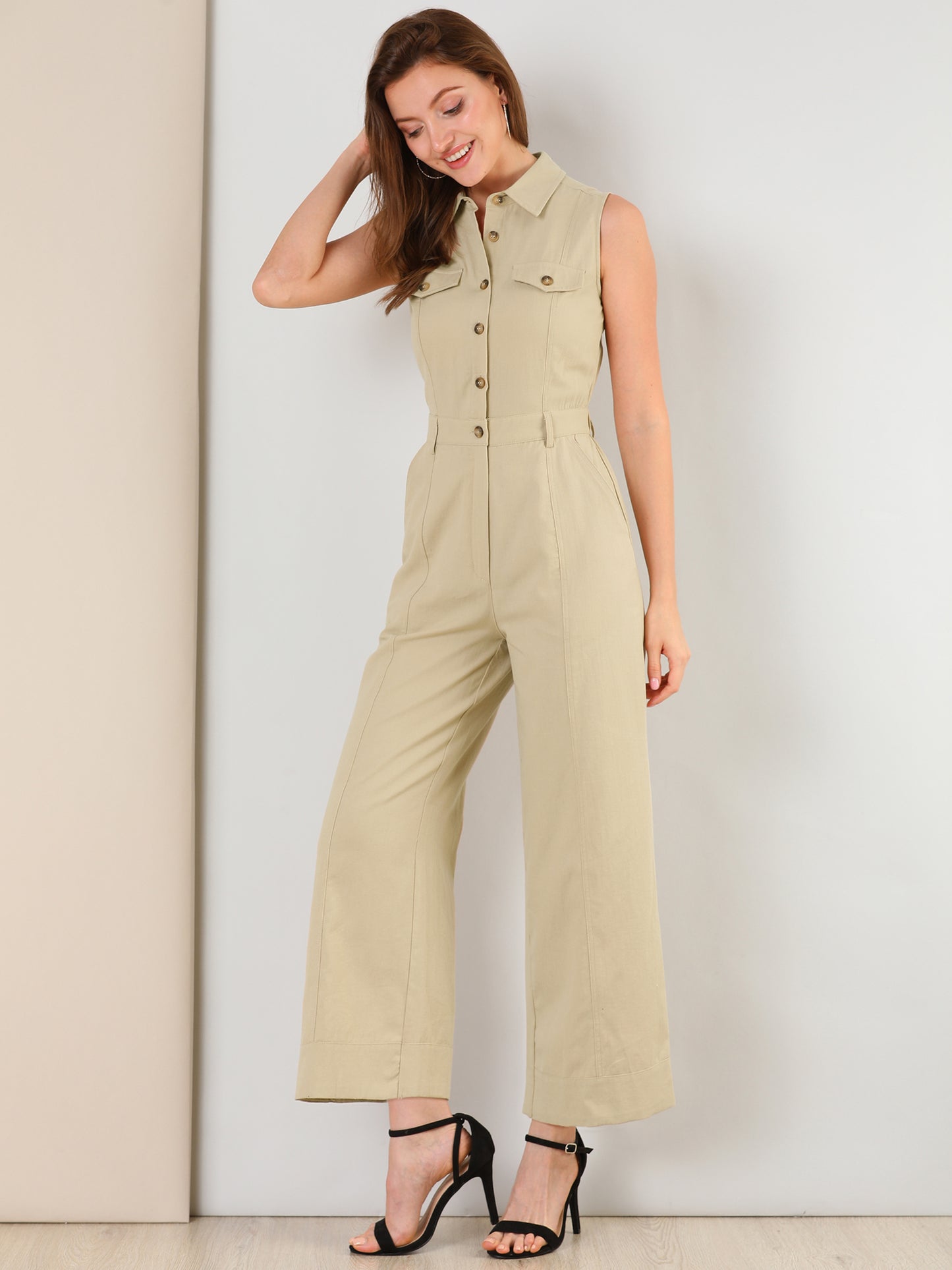Women's Wide Leg Jumpsuit Sleeveless Collared Tie Waist Coverall Button Down Cargo Jumpsuits