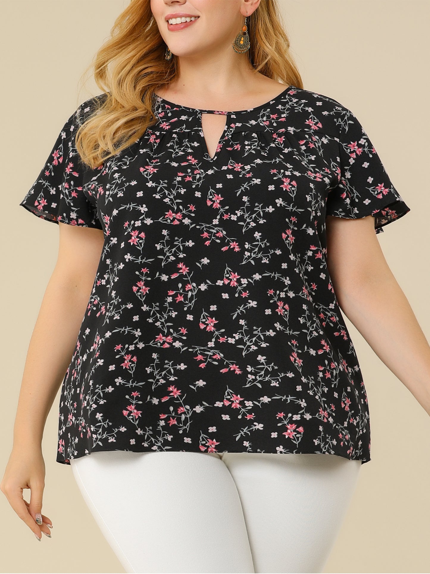 Women's Plus Size Blouses Summer Ruffle Short Sleeve Shirts Keyhole Chiffon Top