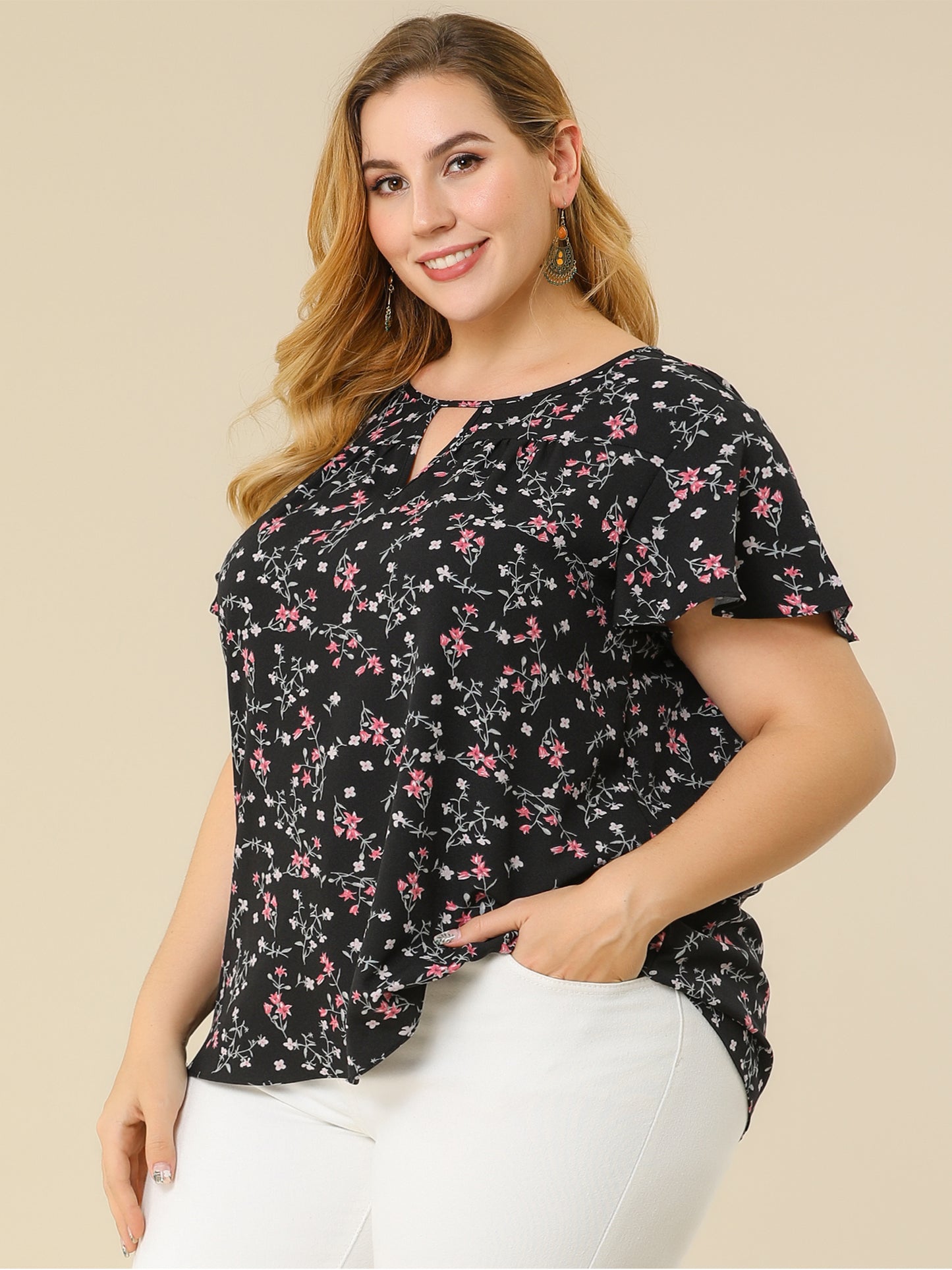 Women's Plus Size Blouses Summer Ruffle Short Sleeve Shirts Keyhole Chiffon Top