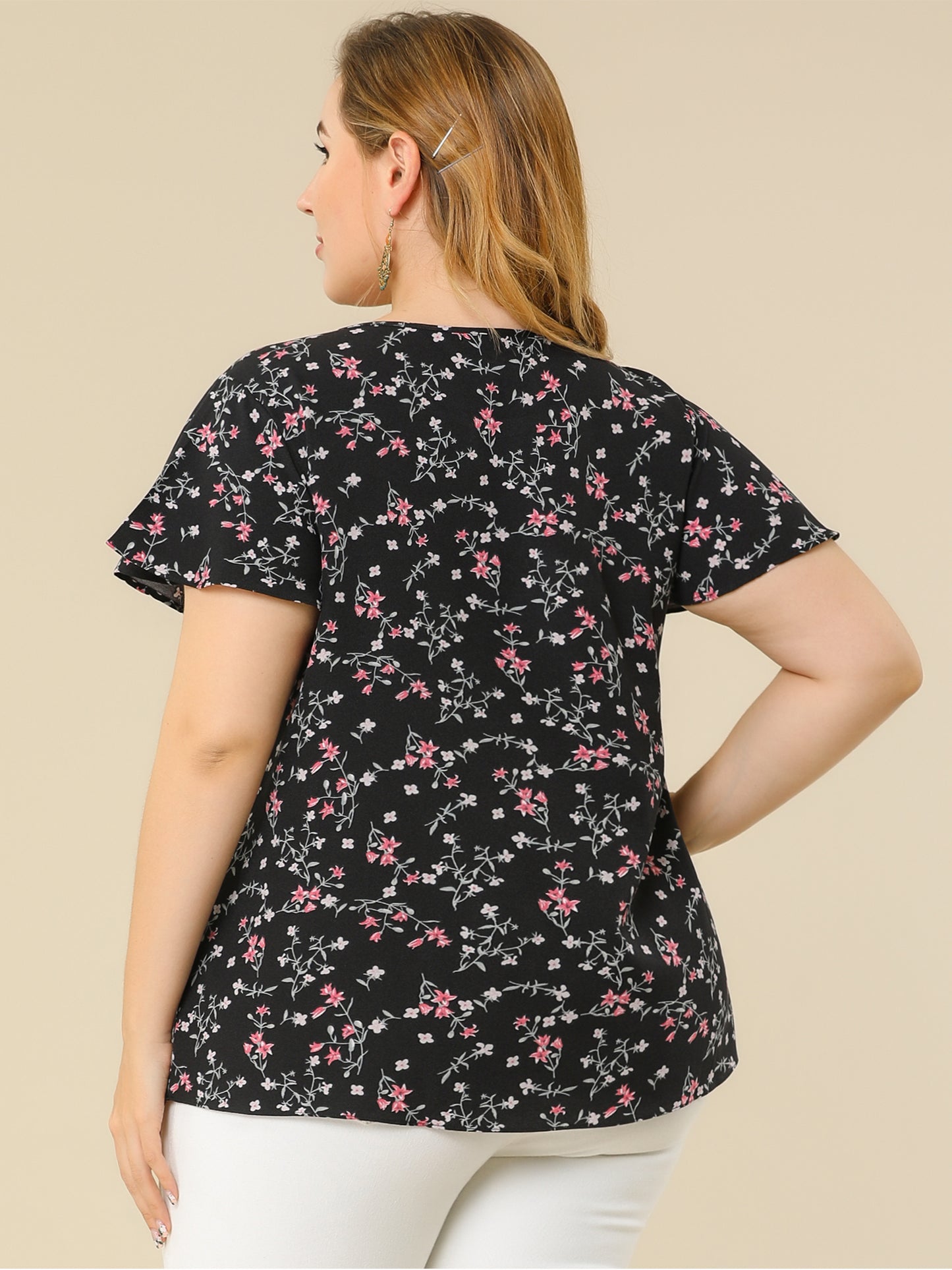 Women's Plus Size Blouses Summer Ruffle Short Sleeve Shirts Keyhole Chiffon Top