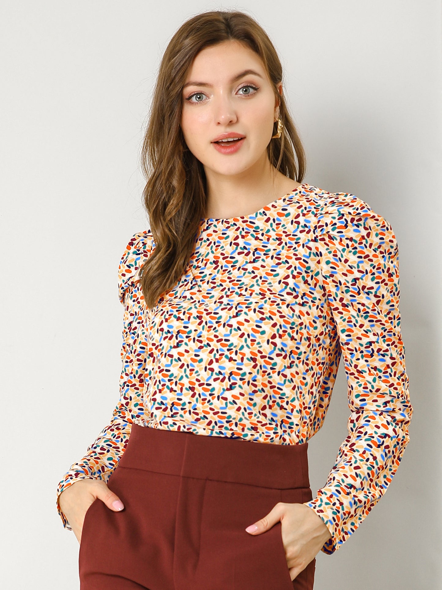 Women's Puff Long Sleeve Round Neck Puffy Chiffon Blouse Top