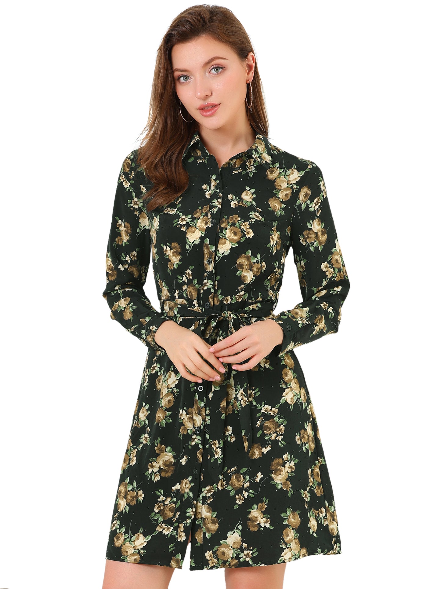 Women's Button Down Collar Tie Belted Print Shirt Dress