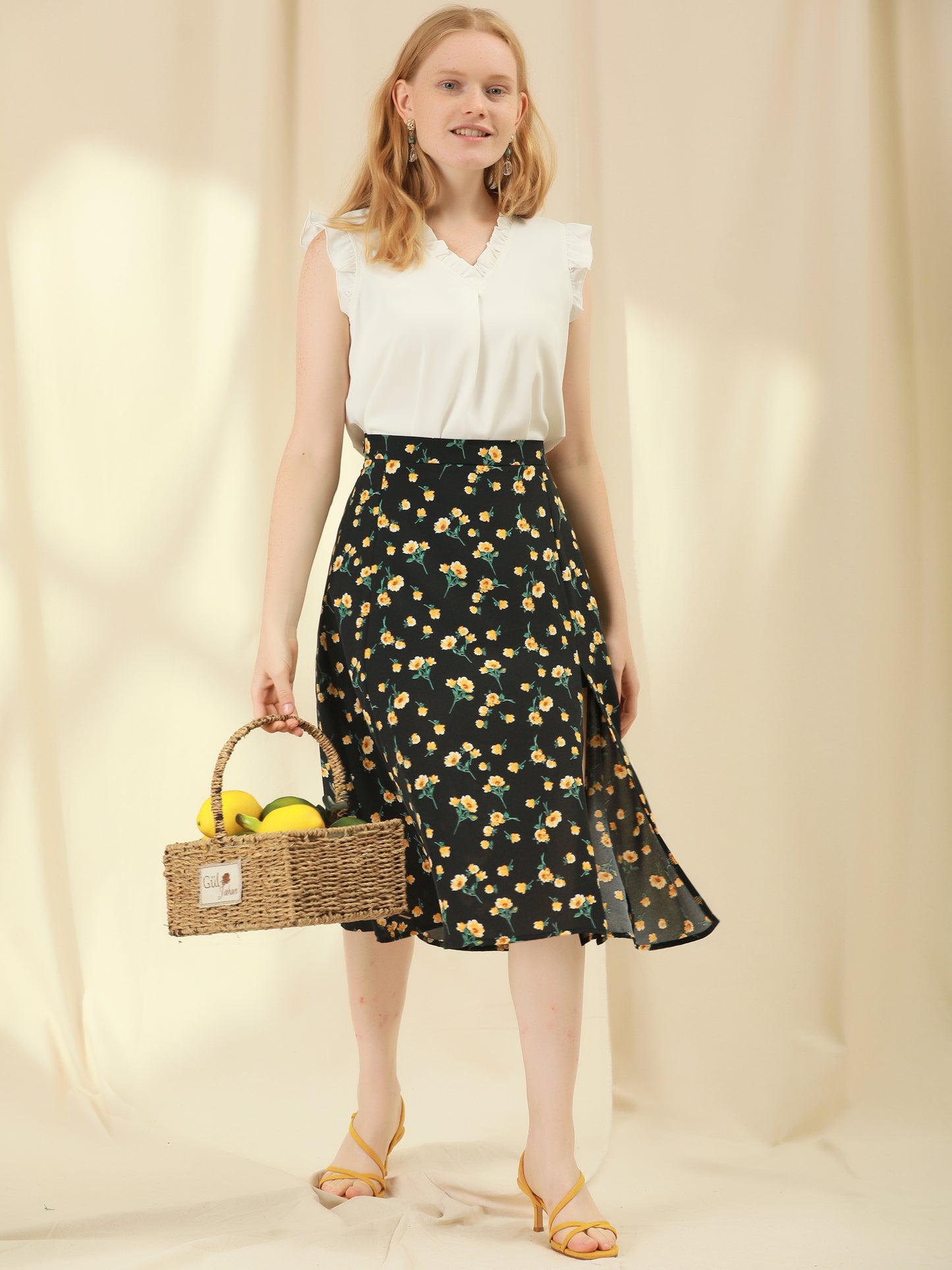 Women's Floral Chiffon Skirt Spring Summer Peasant Midi Skirt