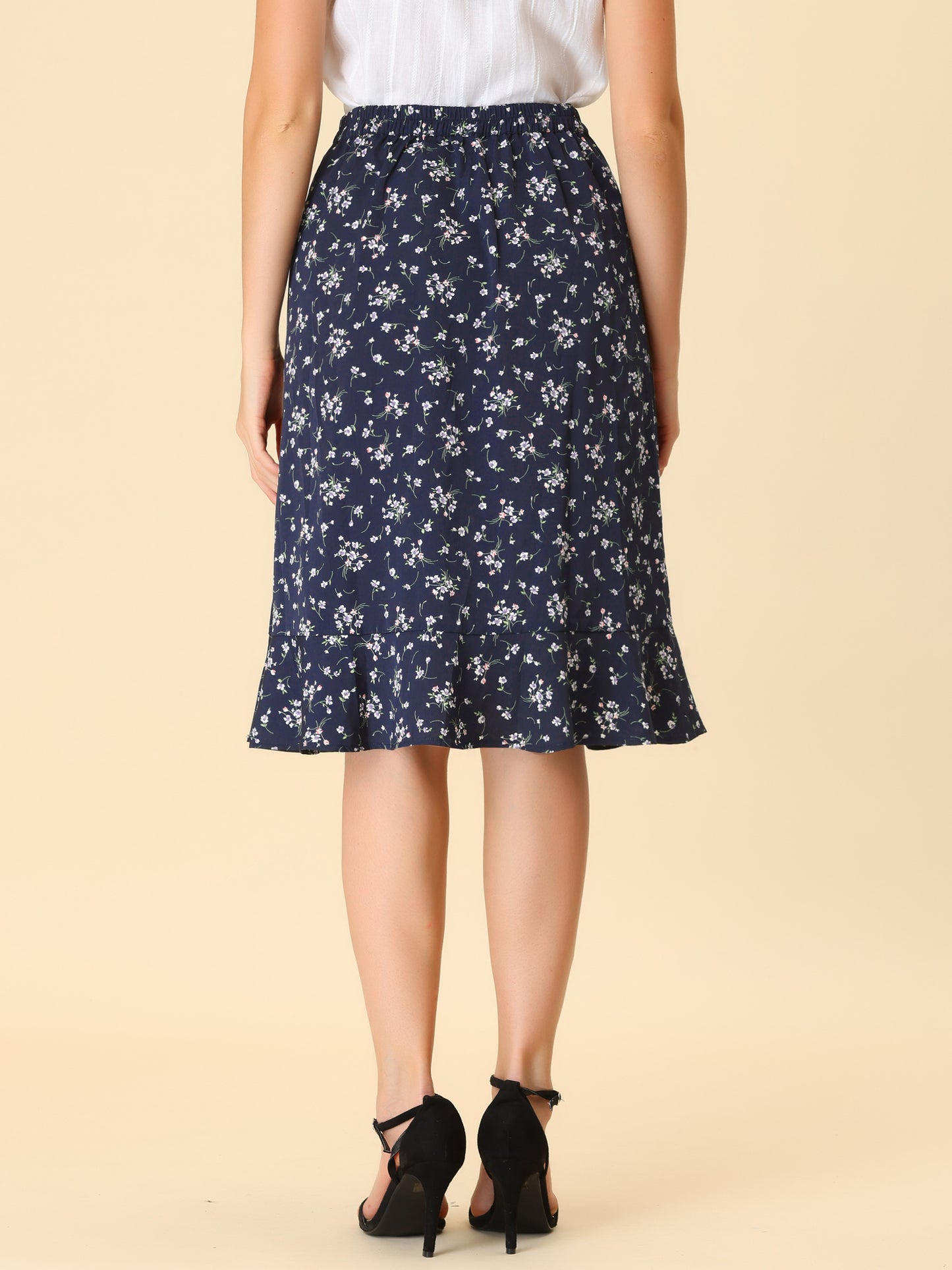 Faldas midi florales para mujer, de verano, con volantes, cintura alta, fluidas, corte A, con abertura hasta la rodilla