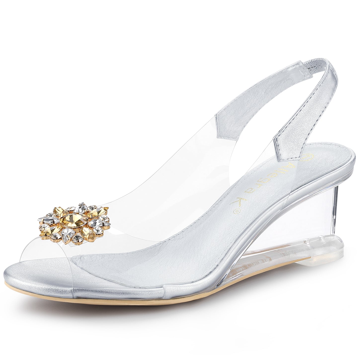 Sandalias de mujer con punta abierta, tacones de cuña transparentes y diamantes de imitación
