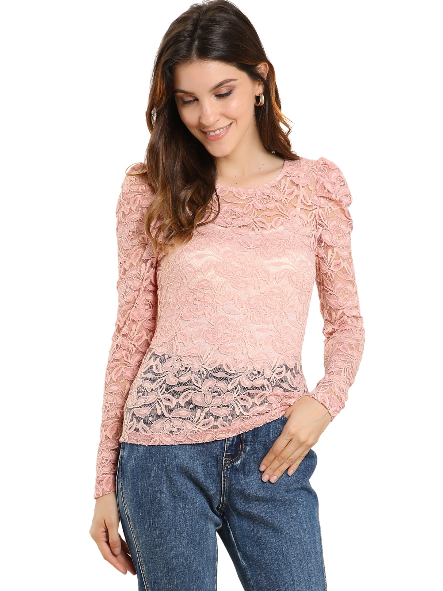 Women's Lace Embroidery Semi Sheer Vintage Puff Sleeve Top (Available in Plus Size)