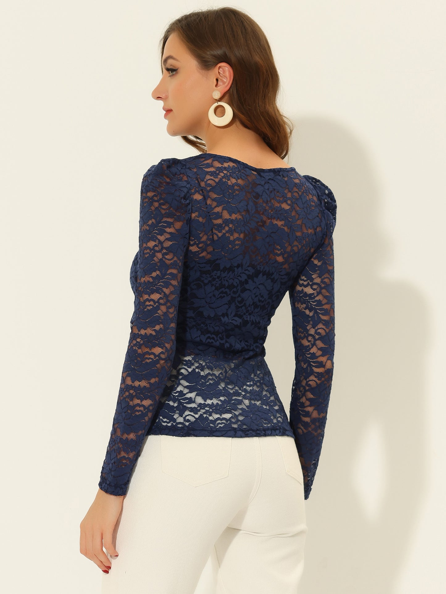 Women's Lace Embroidery Semi Sheer Vintage Puff Sleeve Top (Available in Plus Size)