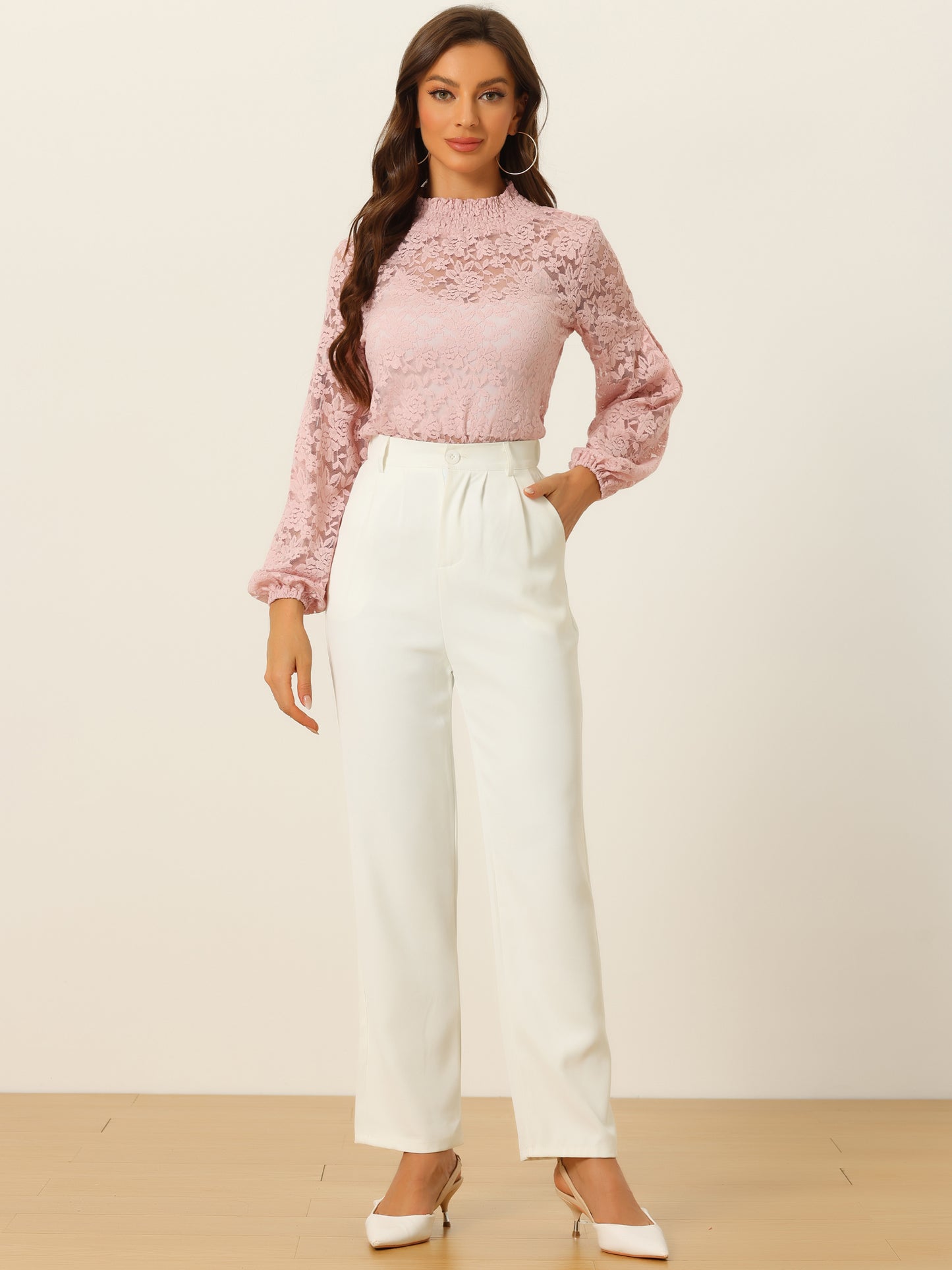 Women's Floral Lace Turtleneck Puff Long Sleeve See Through Sheer Blouse