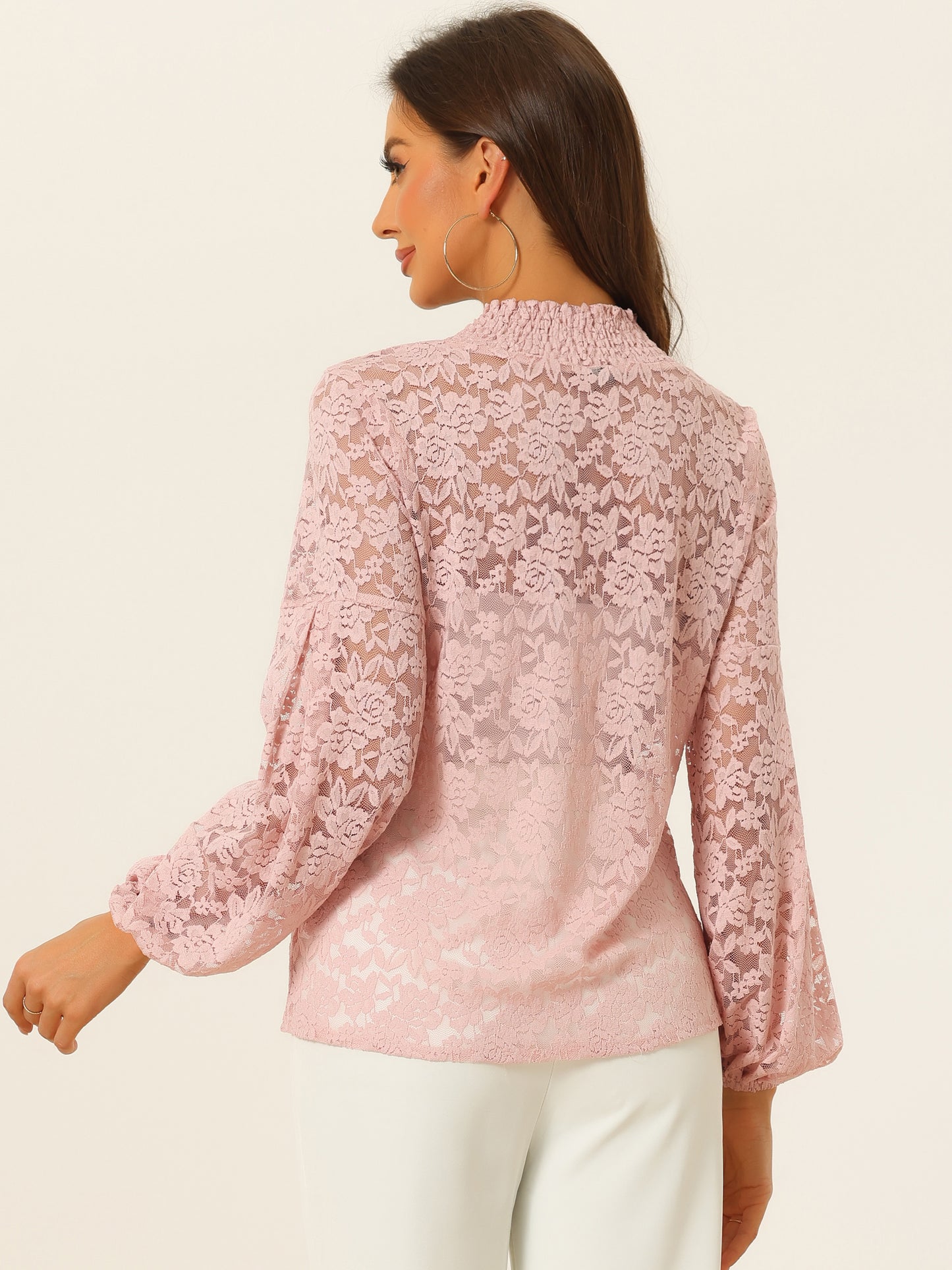Women's Floral Lace Turtleneck Puff Long Sleeve See Through Sheer Blouse
