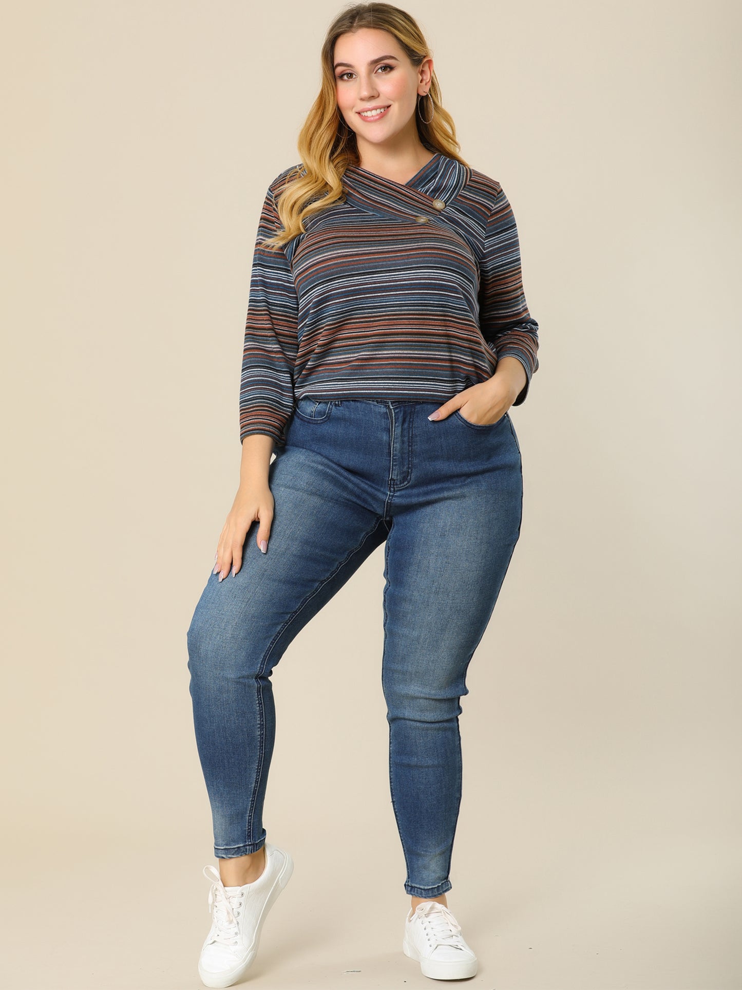 Women Plus Size Top 3/4 Sleeve Knit Striped Boho Asymmetric Neck T-Shirt Blouse