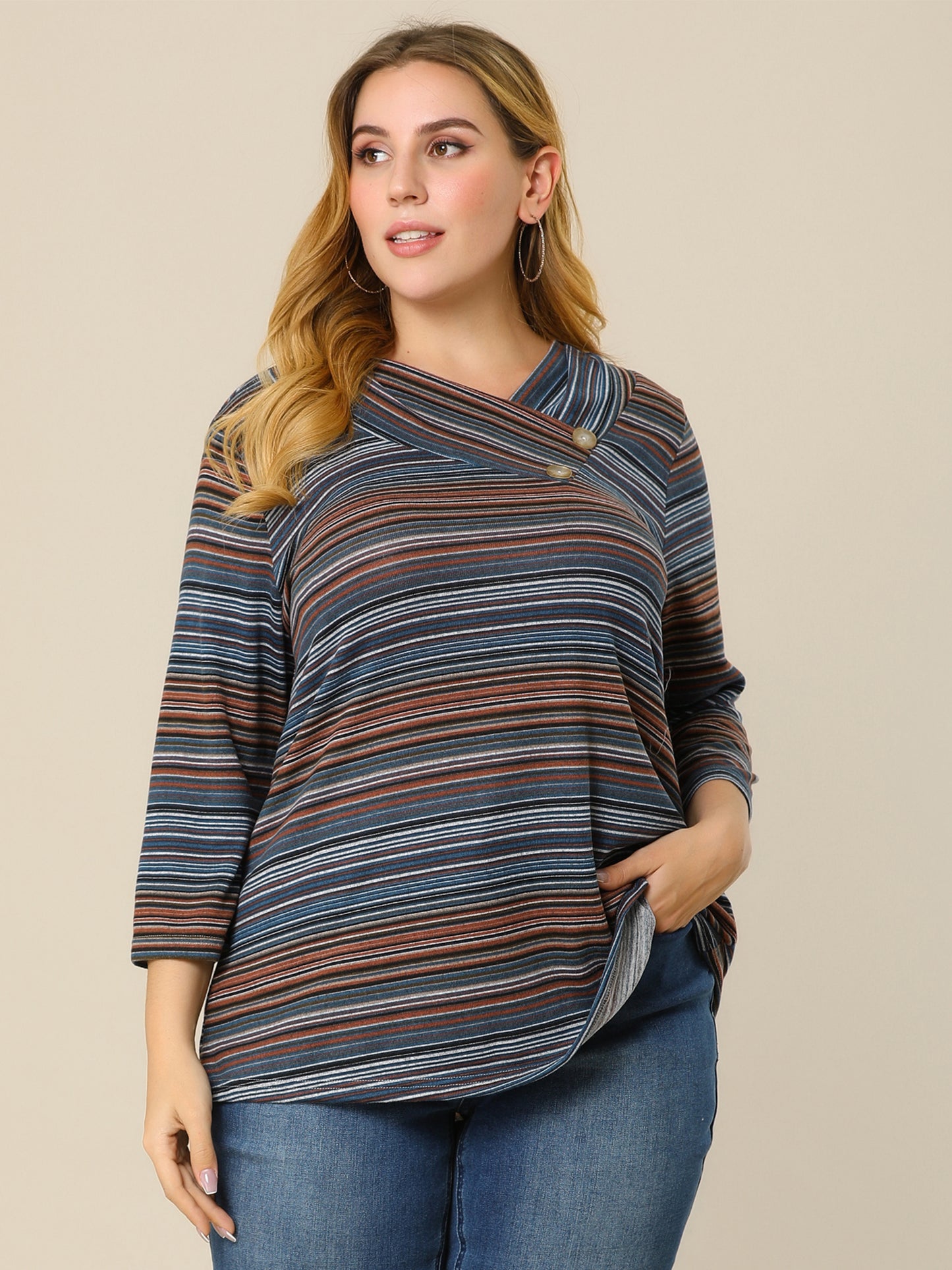Women Plus Size Top 3/4 Sleeve Knit Striped Boho Asymmetric Neck T-Shirt Blouse