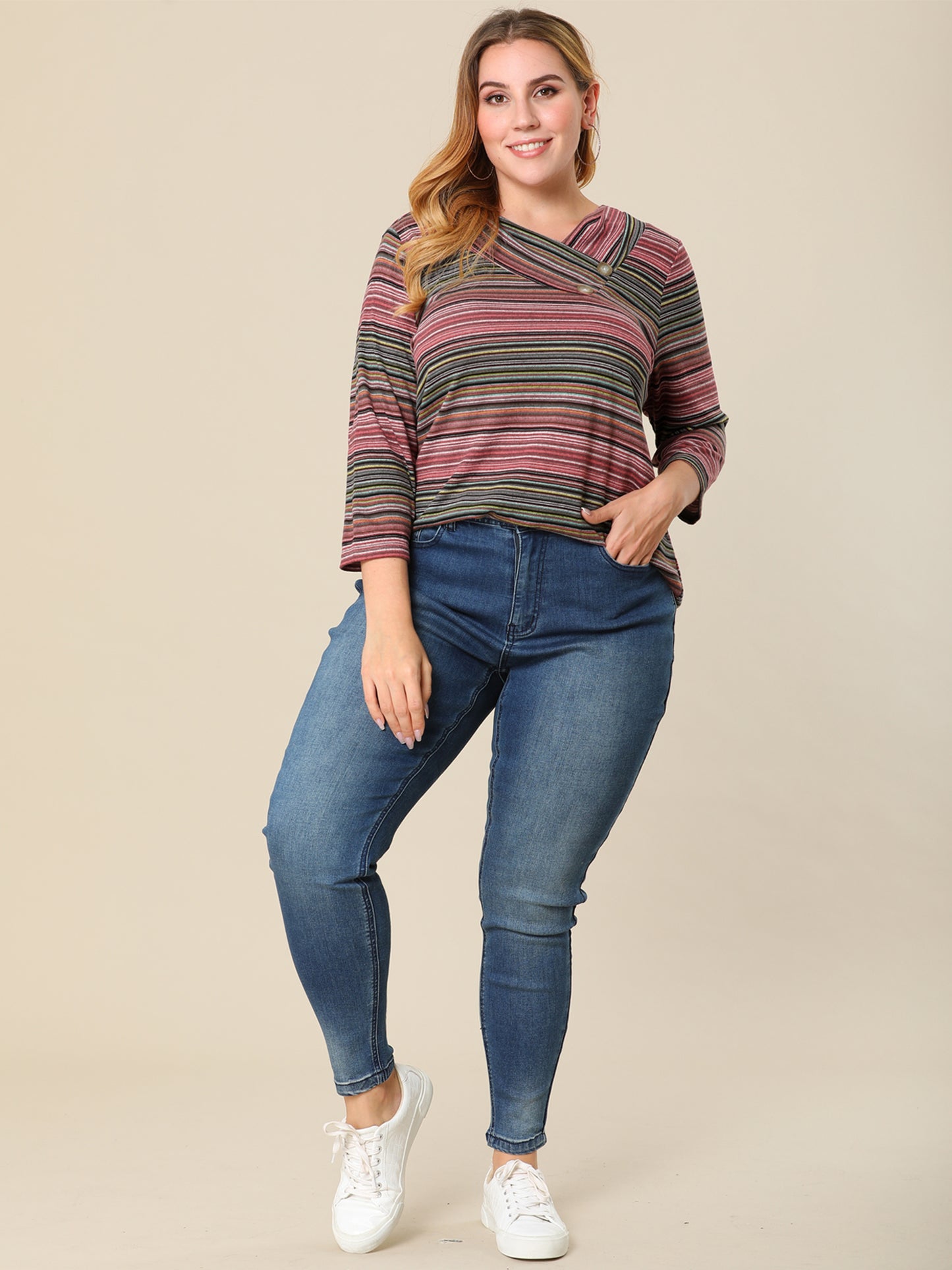Women Plus Size Top 3/4 Sleeve Knit Striped Boho Asymmetric Neck T-Shirt Blouse
