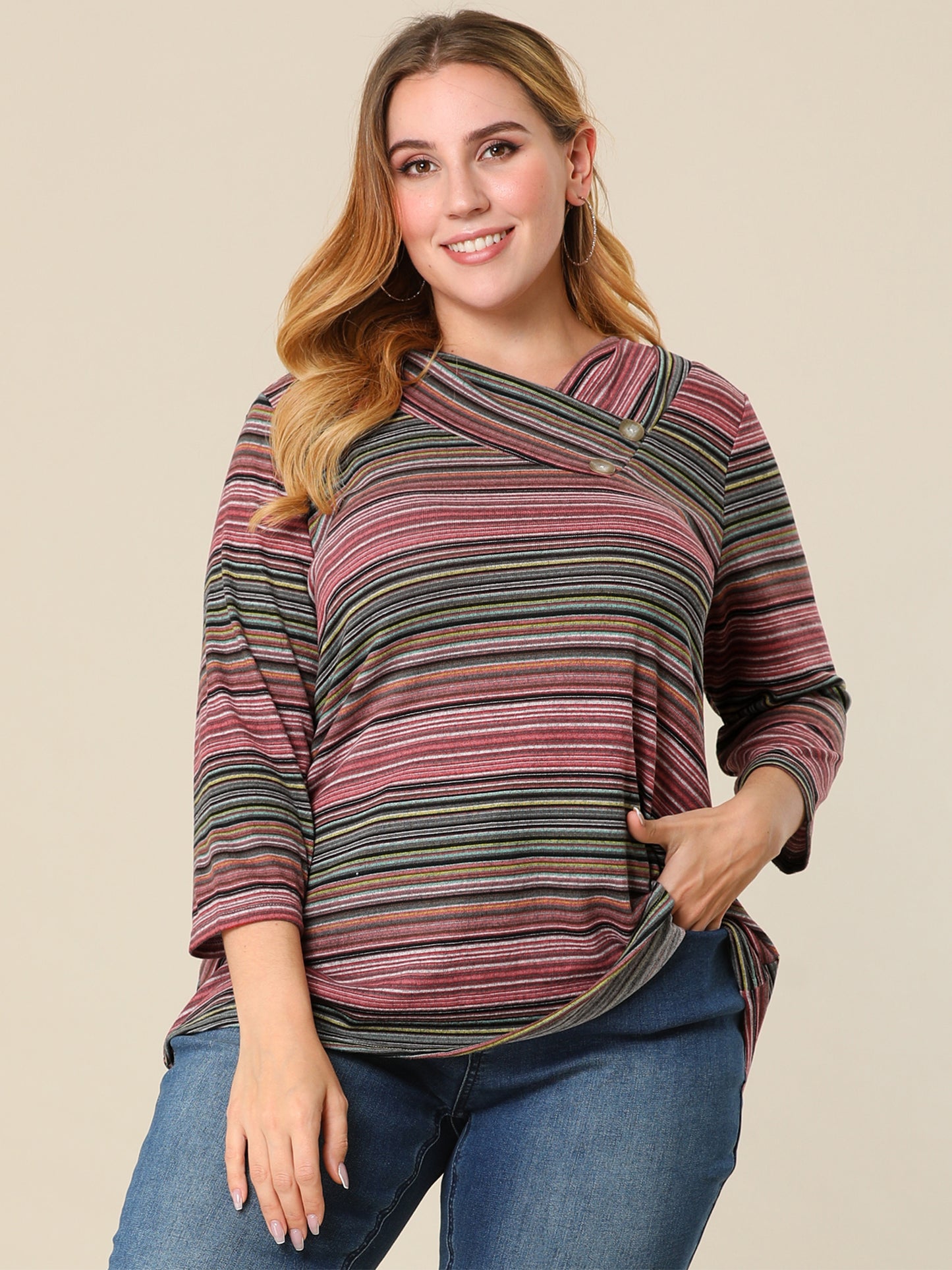 Women Plus Size Top 3/4 Sleeve Knit Striped Boho Asymmetric Neck T-Shirt Blouse