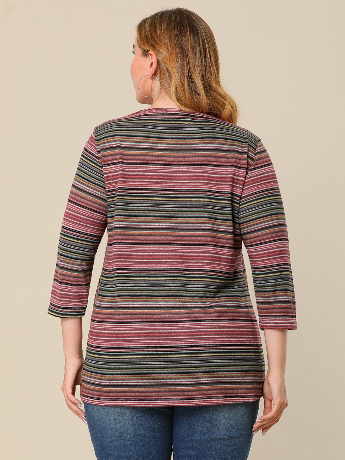 Women Plus Size Top 3/4 Sleeve Knit Striped Boho Asymmetric Neck T-Shirt Blouse