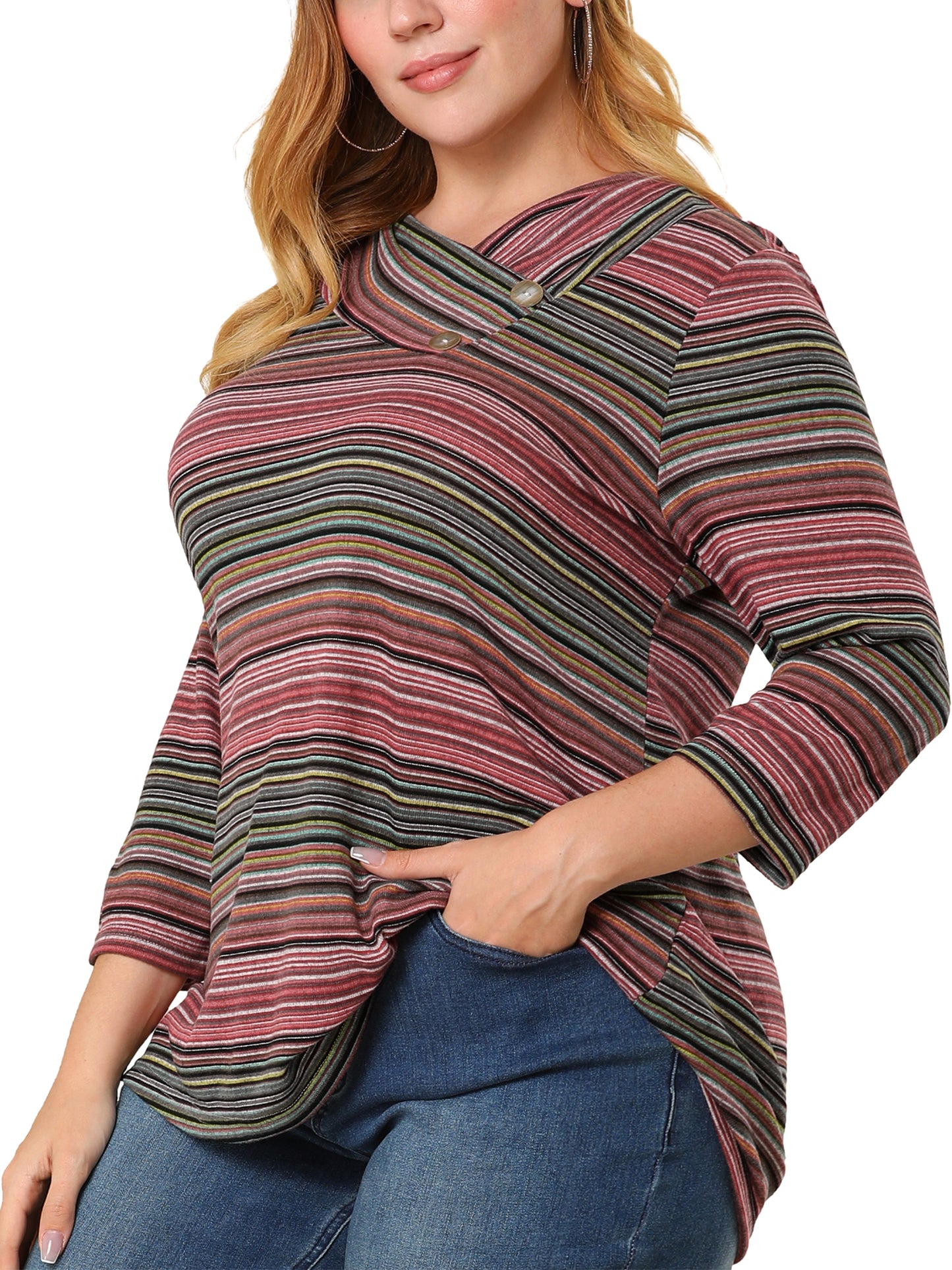 Women Plus Size Top 3/4 Sleeve Knit Striped Boho Asymmetric Neck T-Shirt Blouse
