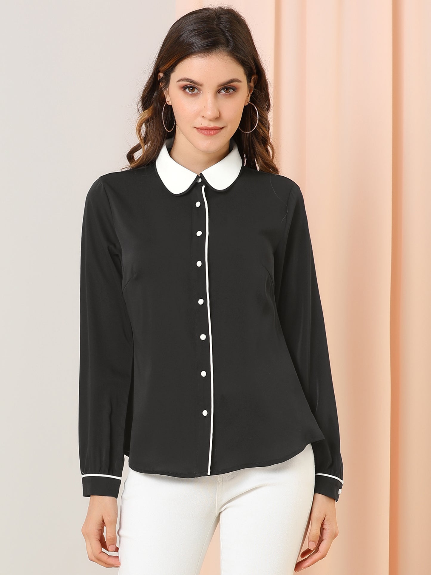 Women's Long Sleeve Contrast Peter Pan Collar Office Work Button Down Shirt