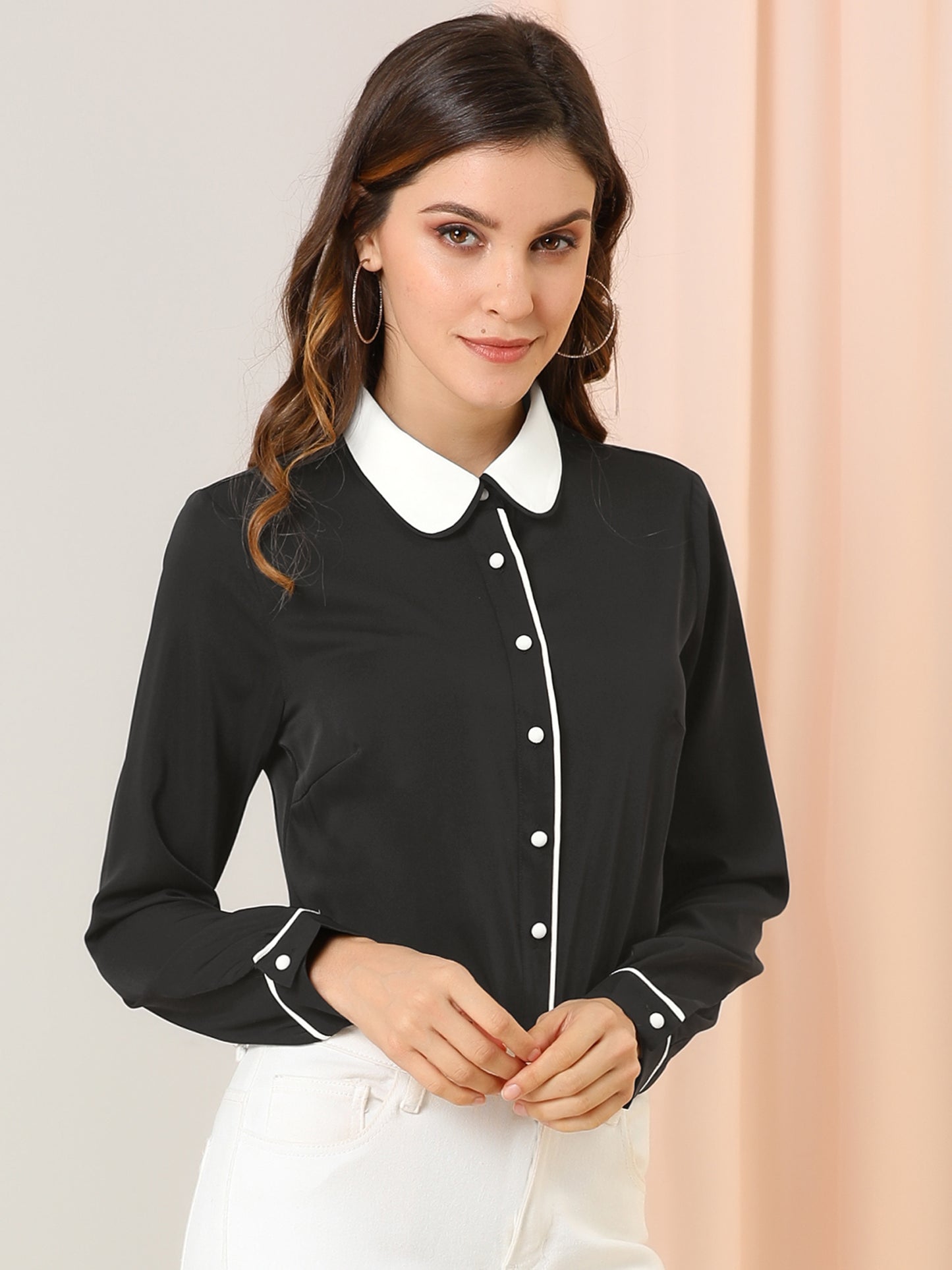 Women's Long Sleeve Contrast Peter Pan Collar Office Work Button Down Shirt