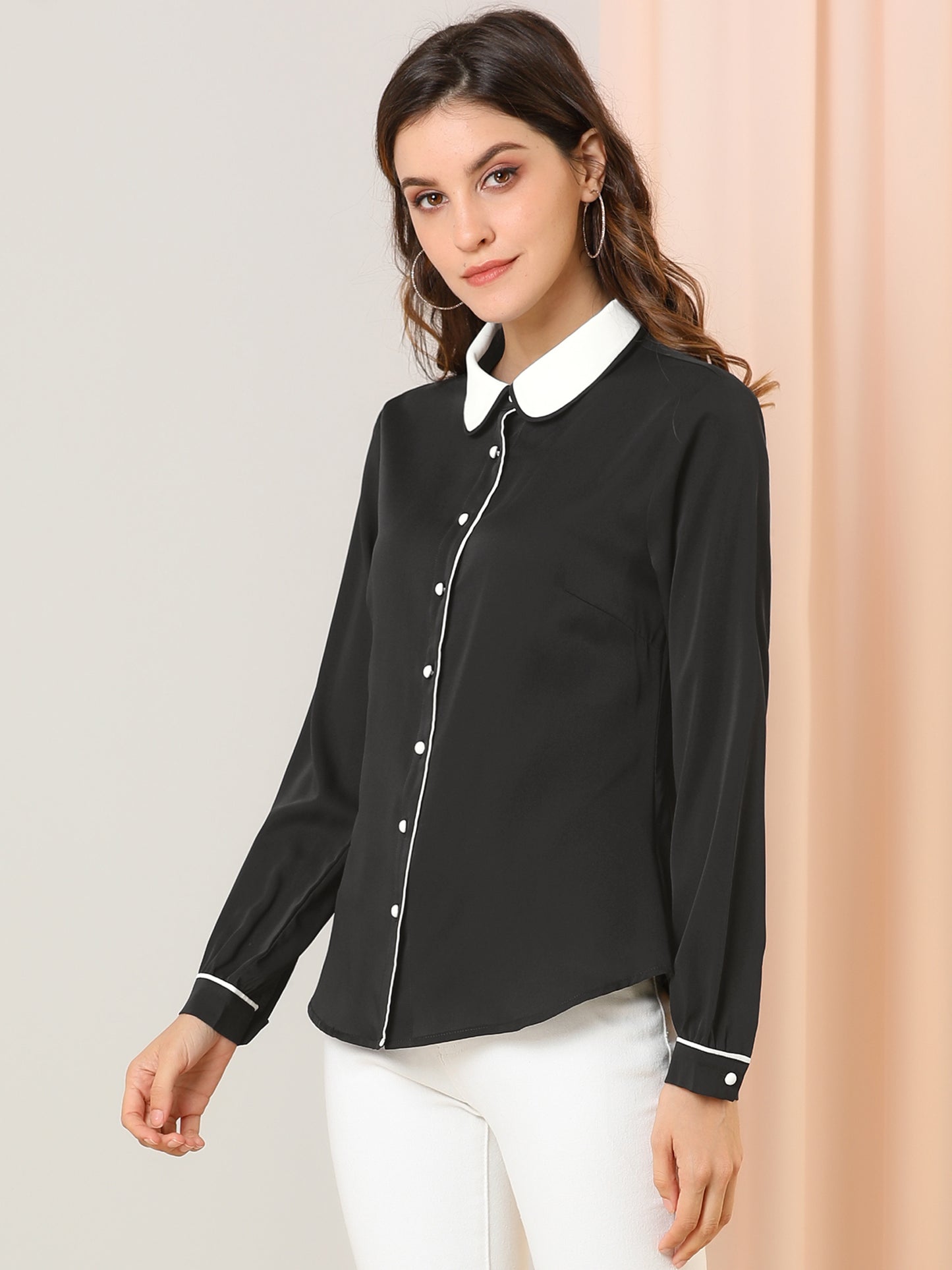 Women's Long Sleeve Contrast Peter Pan Collar Office Work Button Down Shirt