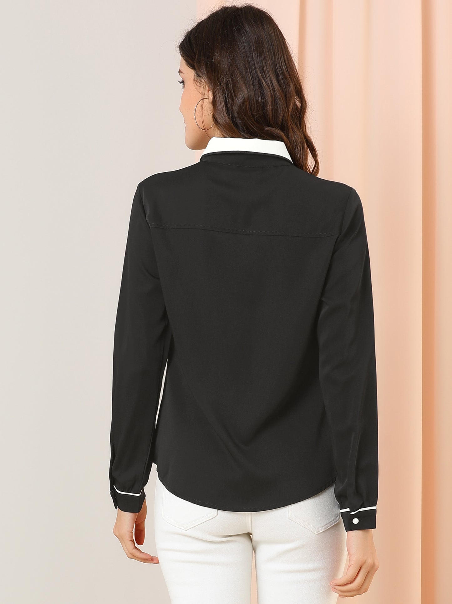 Women's Long Sleeve Contrast Peter Pan Collar Office Work Button Down Shirt