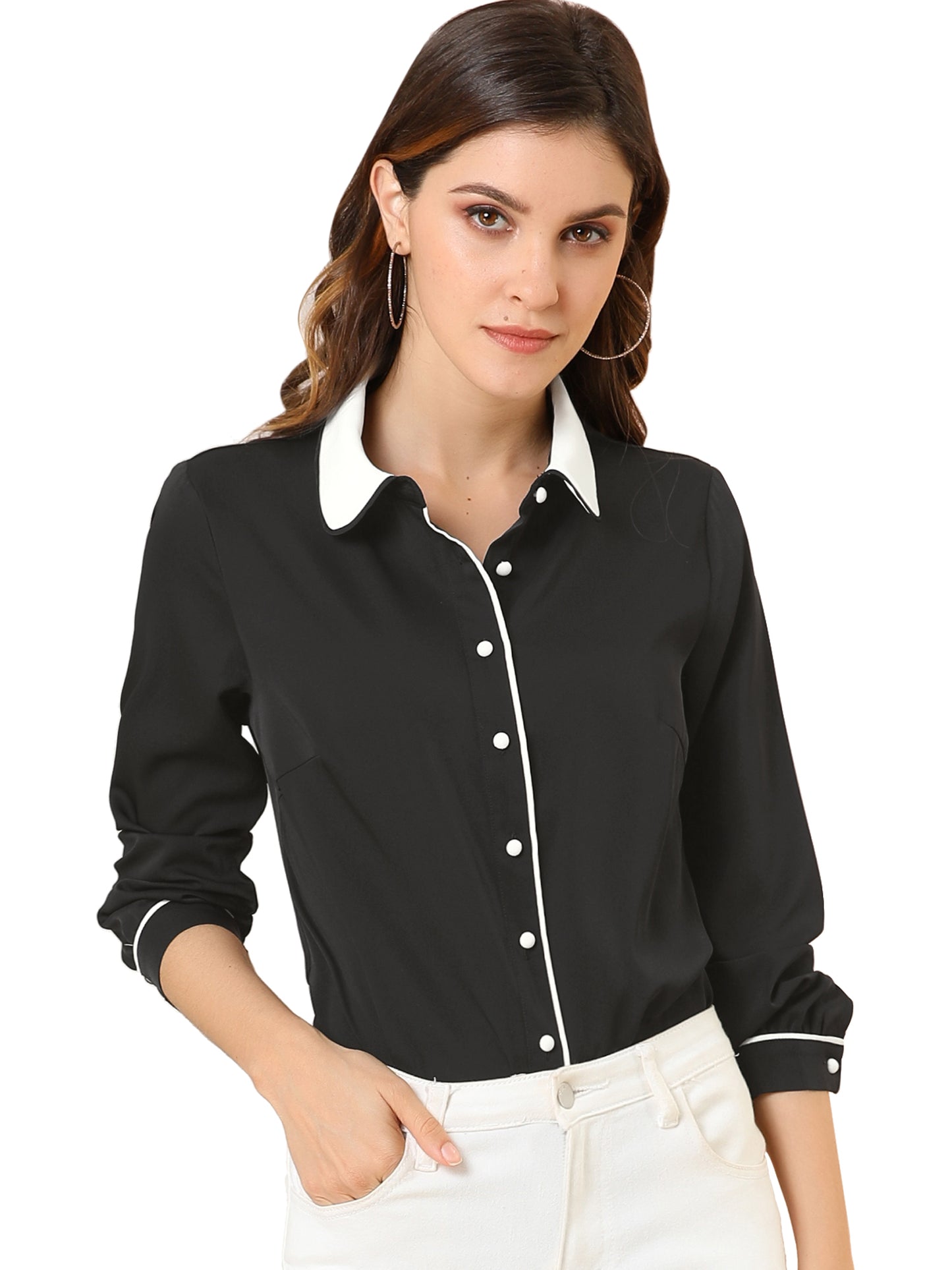 Women's Long Sleeve Contrast Peter Pan Collar Office Work Button Down Shirt