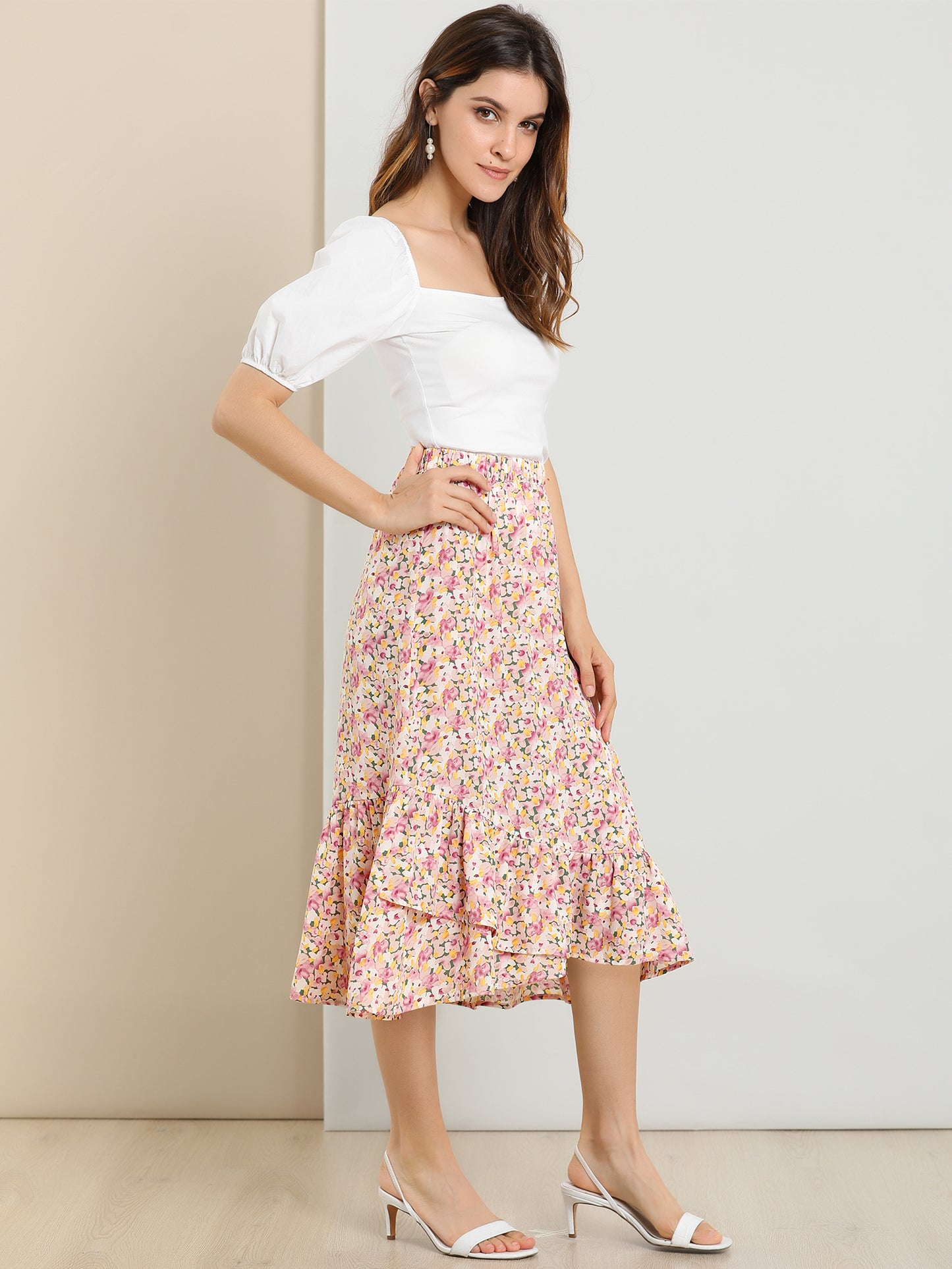 Falda floral de verano para mujer, cintura elástica, dobladillo alto y bajo con volantes, falda midi