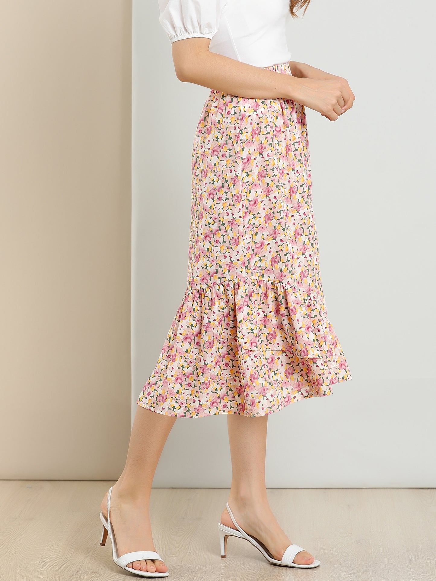 Falda floral de verano para mujer, cintura elástica, dobladillo alto y bajo con volantes, falda midi