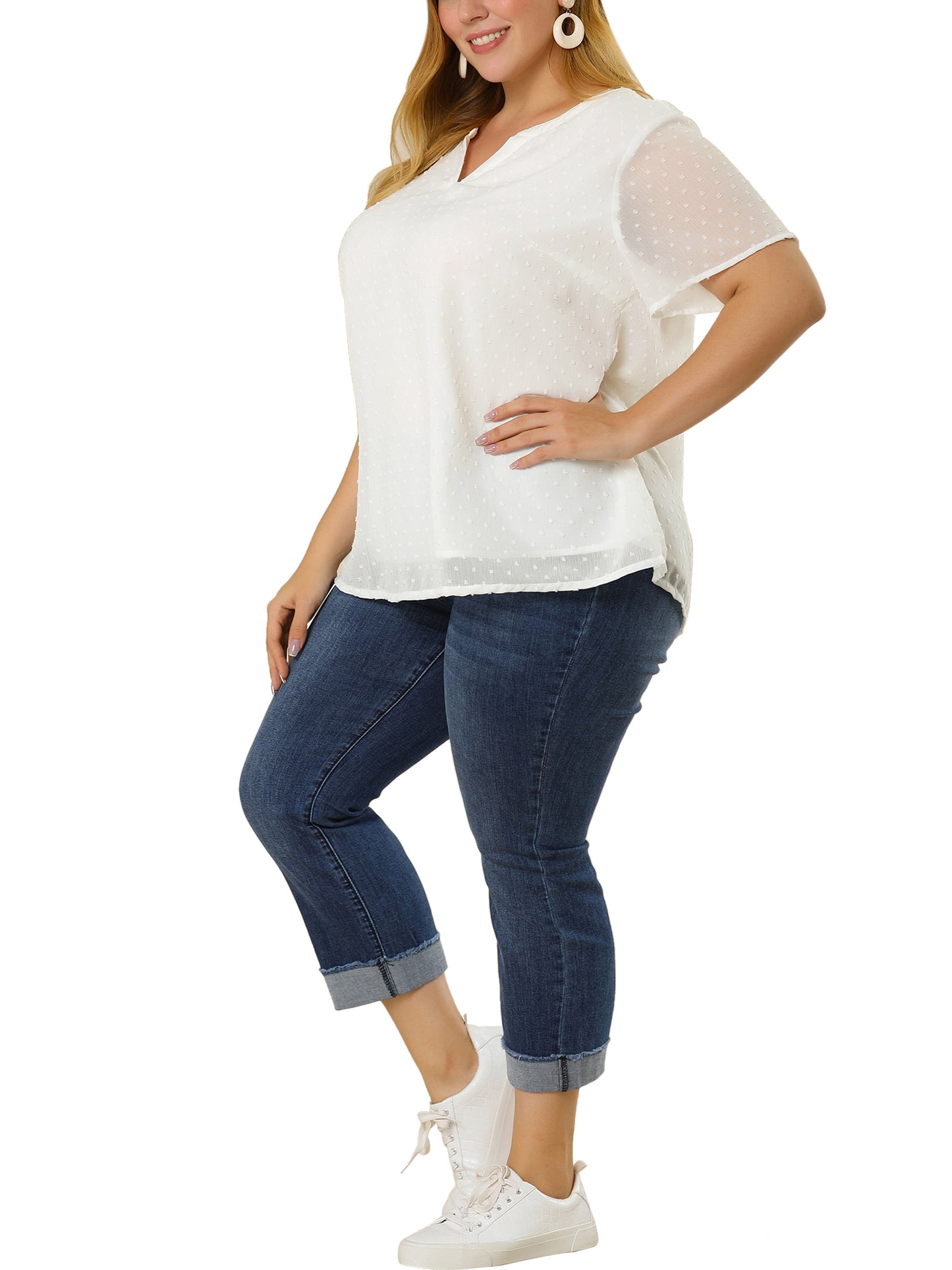 Women Plus Size Summer Top Swiss Dots Notched Neck Short Sleeve Blouse