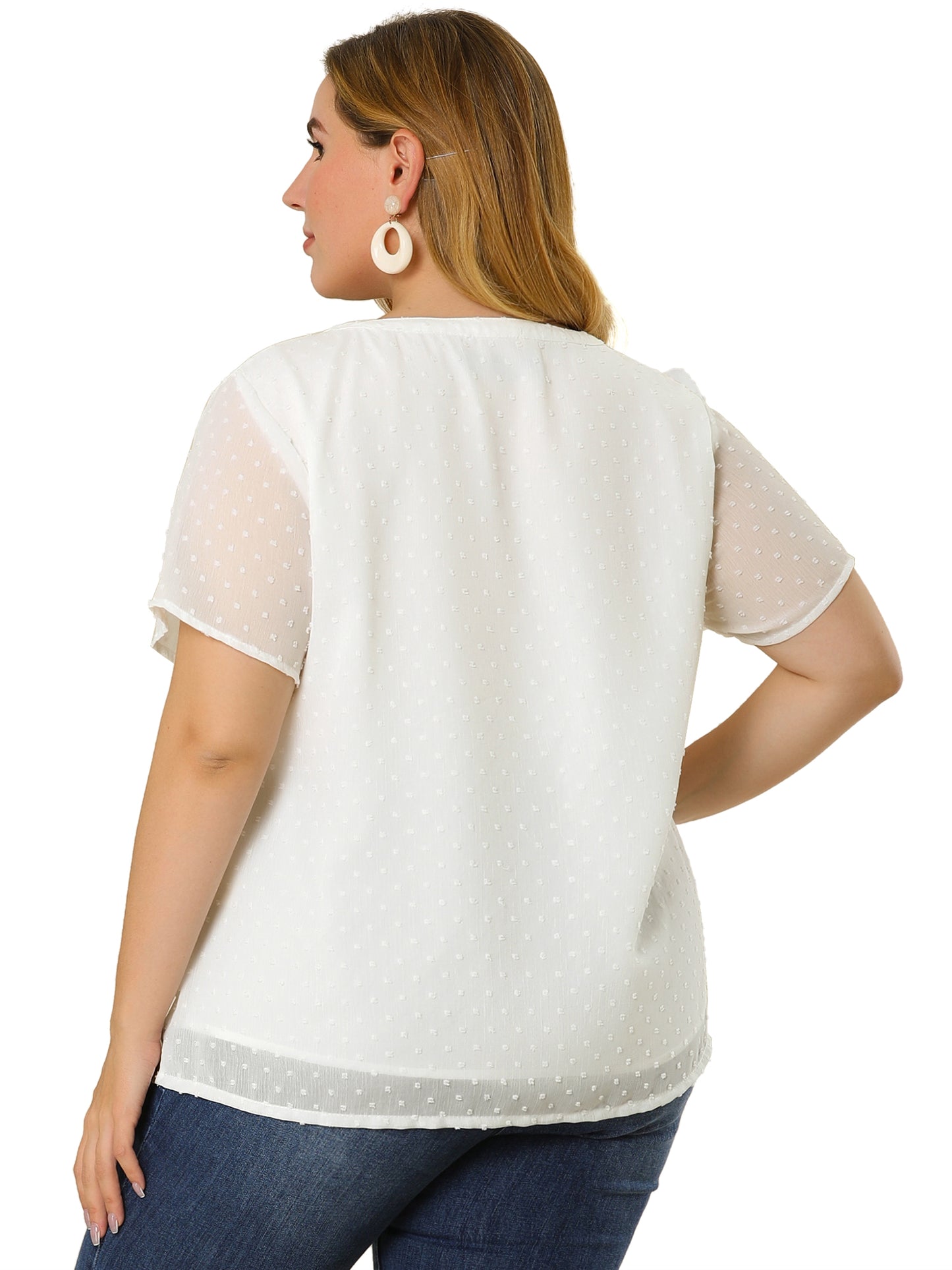 Women Plus Size Summer Top Swiss Dots Notched Neck Short Sleeve Blouse